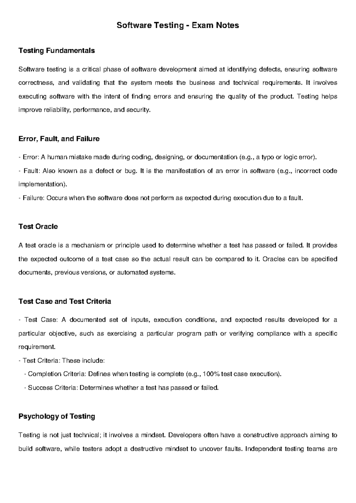 Software Testing Detailed Exam Notes 2 - Testing Fundamentals Software ...