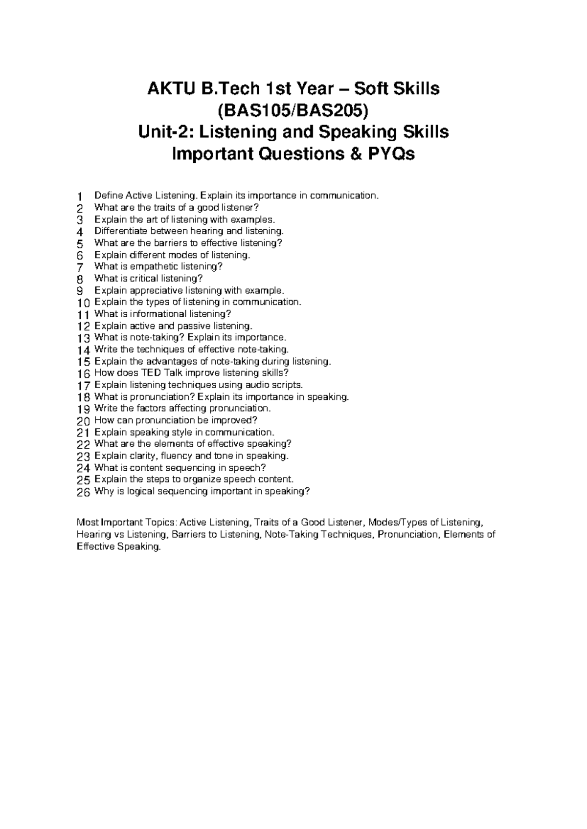 AKTU B.Tech 1st Year Soft Skills Unit 2 Important Questions on ...