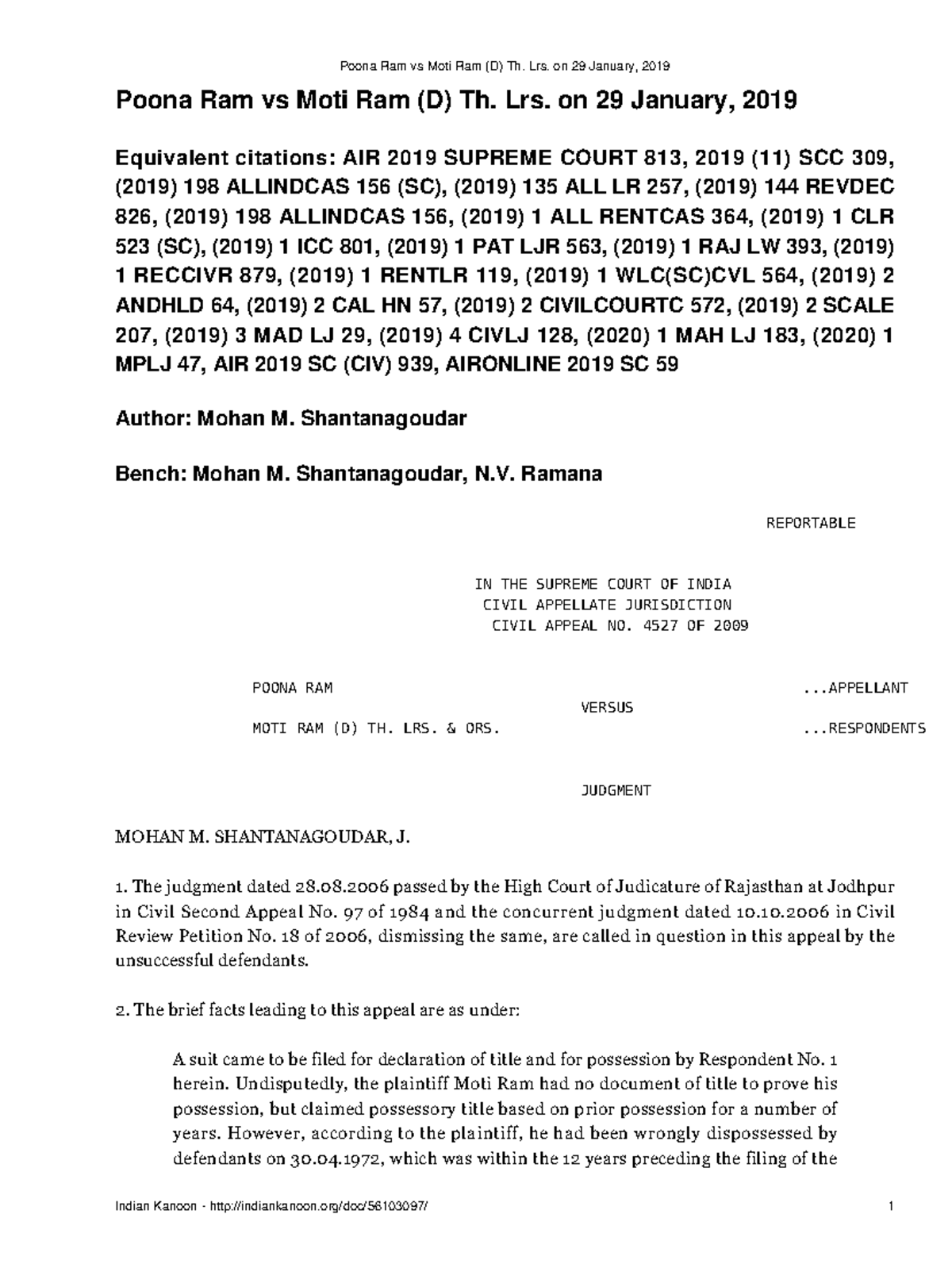 Poona Ram vs Moti Ram (D) Th. Lrs. - Supreme Court Judgment Analysis ...