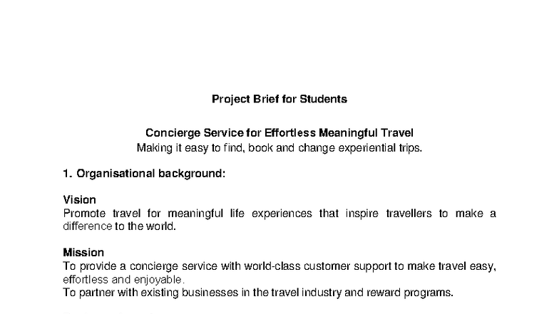 Class 1 Project Brief: Concierge Service for Meaningful Travel - Studocu