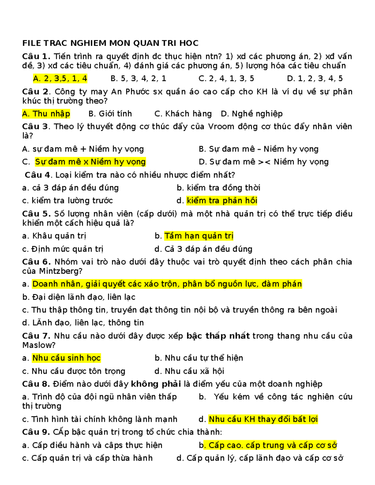 FILE TRAC NGHIEM QTH - Câu Hỏi Ôn Tập Quản Trị Học - Studocu
