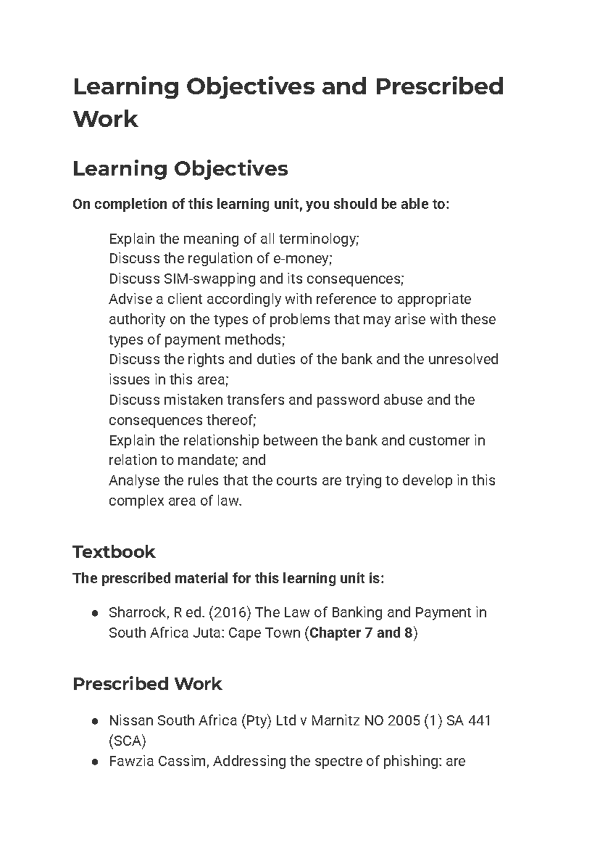 Learning Objectives and Prescribed Work for Banking Law (Course Code ...