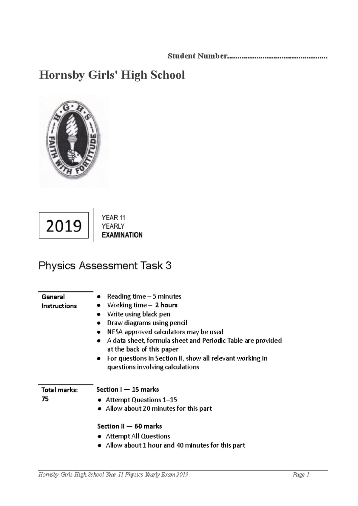 Hornsby Girls High School Year 11 Physics Yearly Exam 2019 & Solutions ...