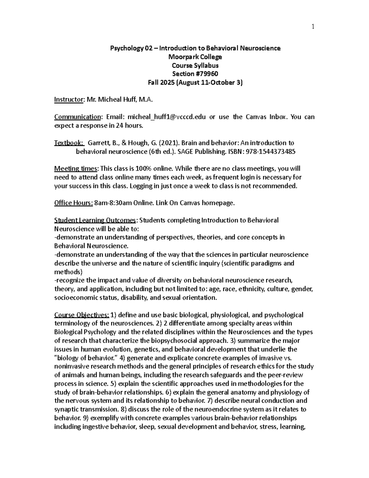 PSY 02: Intro to Behavioral Neuroscience Syllabus - Fall 2025 - Studocu