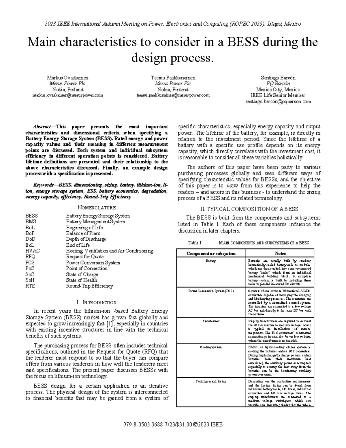 Main Characteristics of BESS Design Process - ROPEC 2023 - Studocu