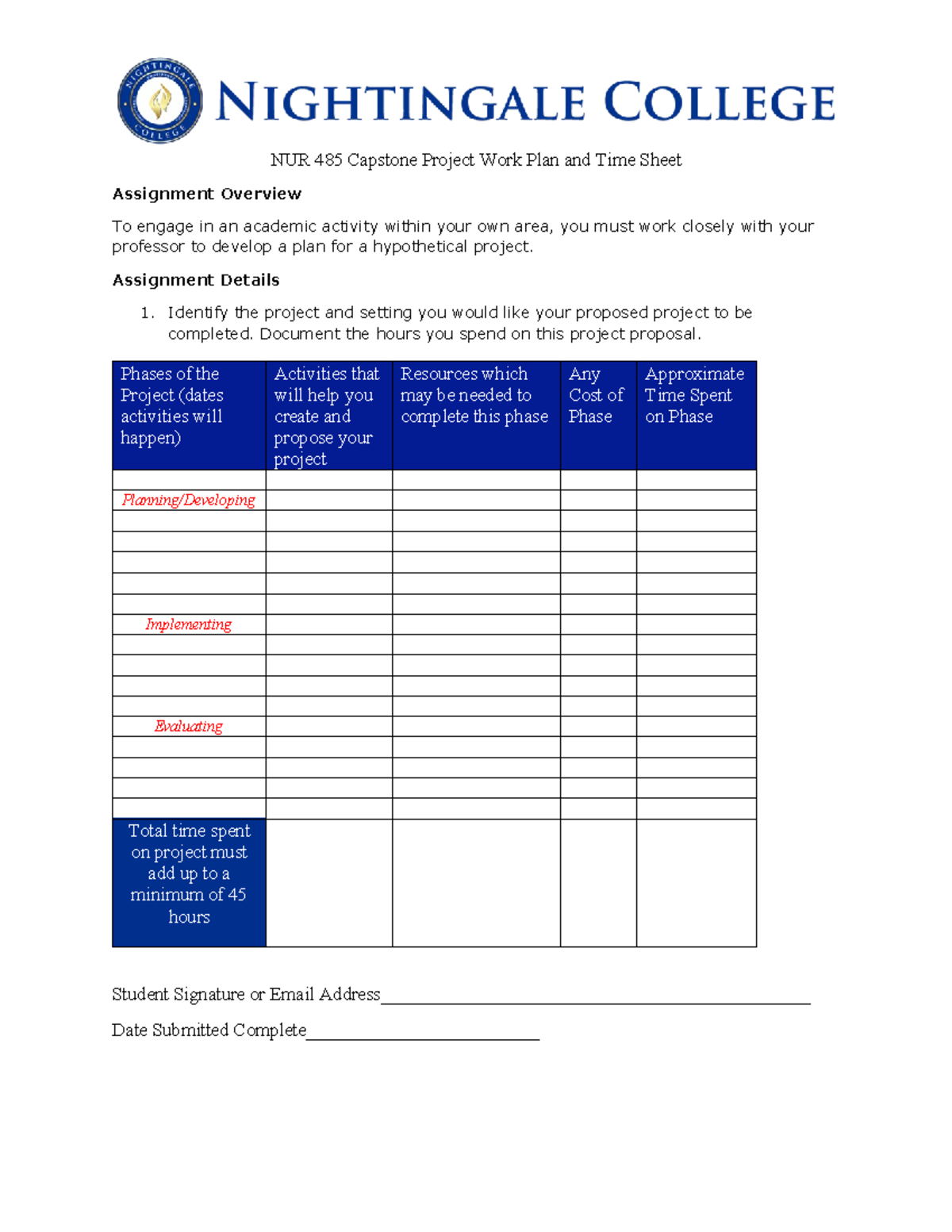 BSN485 - Capstone Project Work Plan & Time Sheet Guide - Studocu