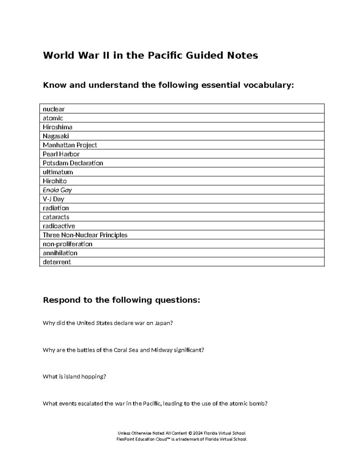 World war ii in the pacific guided notes - World War II in the Pacific ...