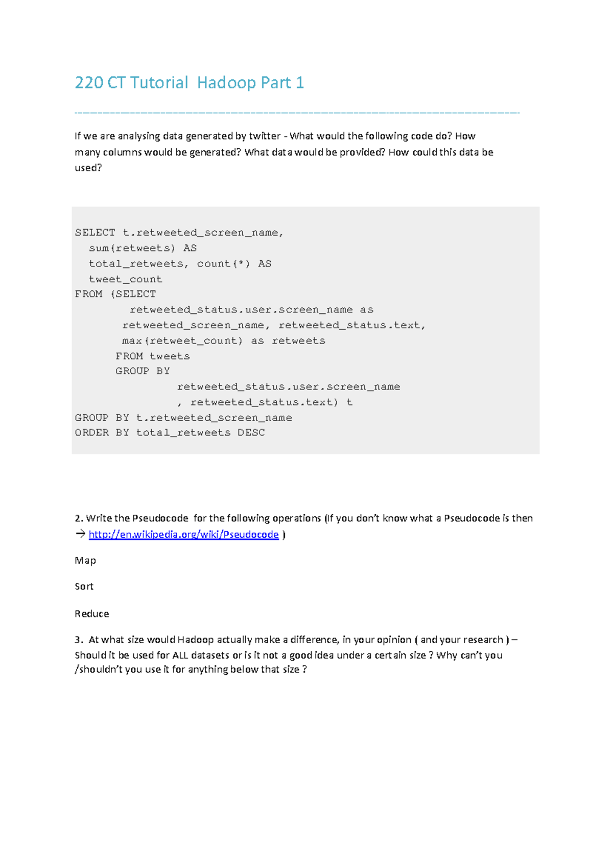 Hadoop - Lecture notes 7 - 220 CT Tutorial Hadoop Part 1 - If we are ...