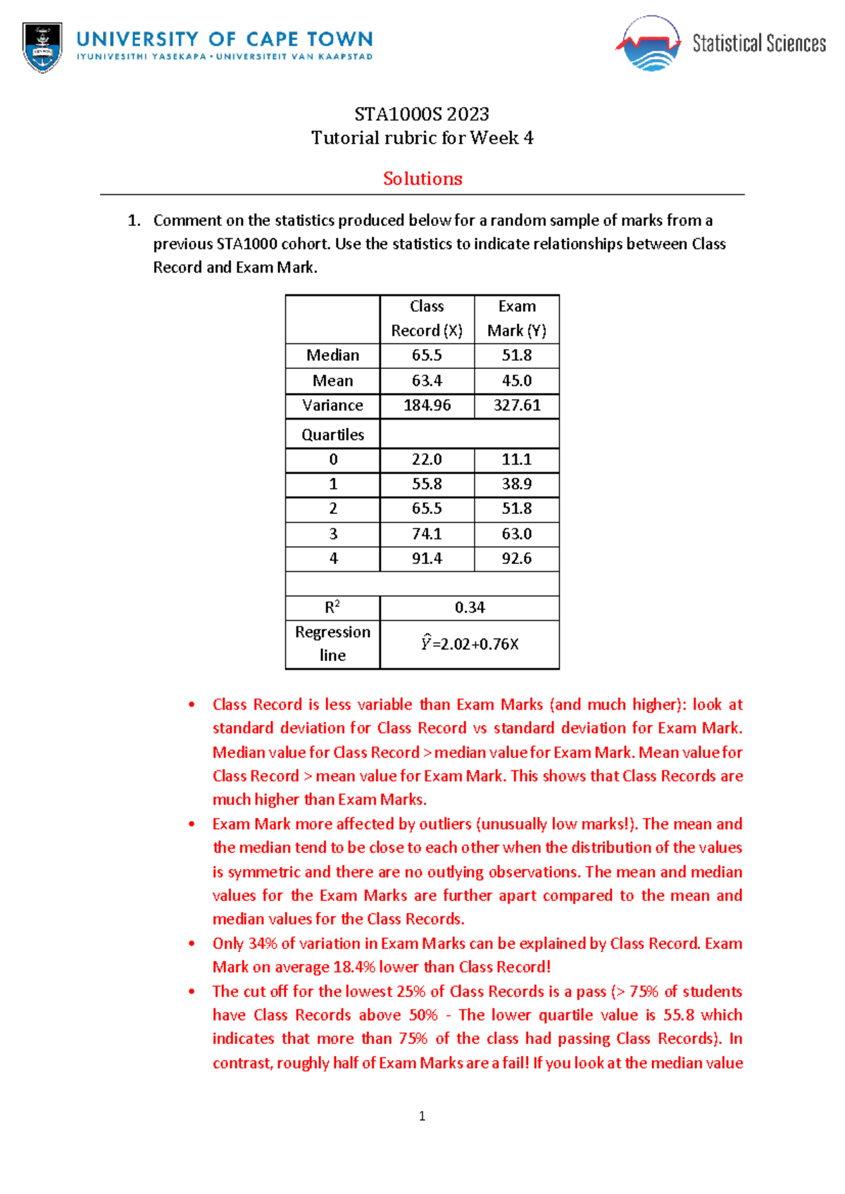 Tutorial rubric Week 4 STA1000S 2023 with solutions - 1 STA1000S 2023 ...