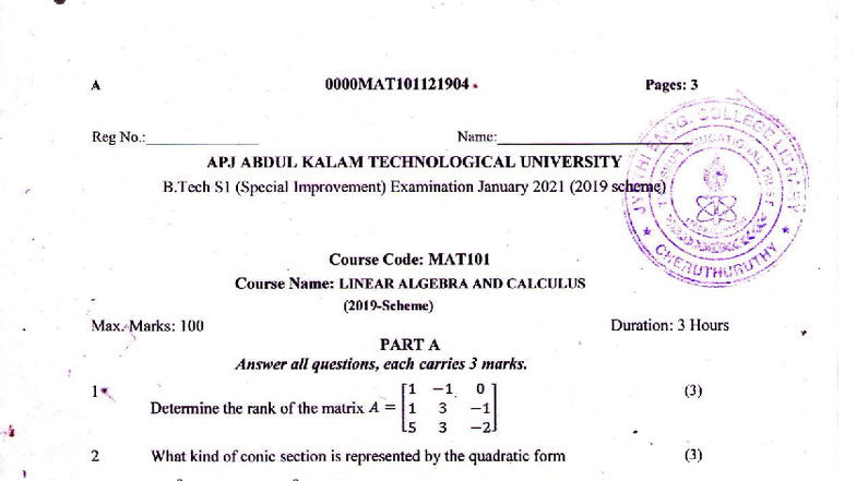 MAT101 Final Exam: Linear Algebra and Calculus Questions - Studocu