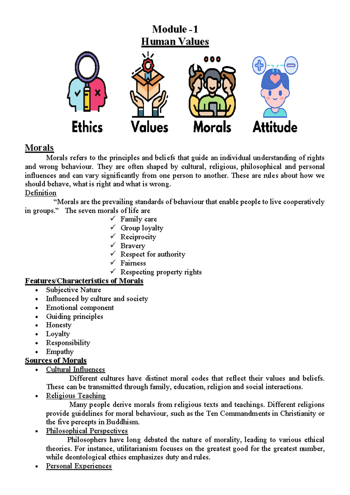 Business Ethics Notes - Module 1: Understanding Morals and Values - Studocu