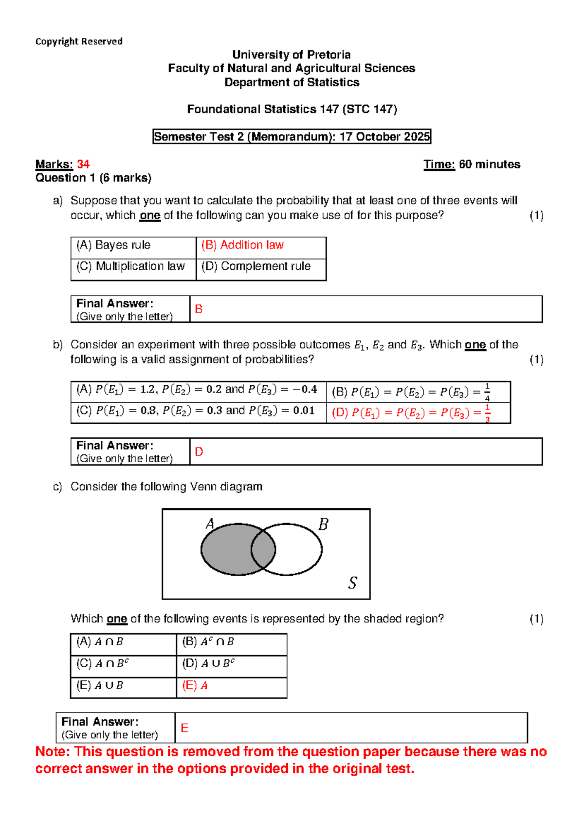 STC 147 - Foundational Statistics Semester Test 2 Memorandum 2025 - Studocu