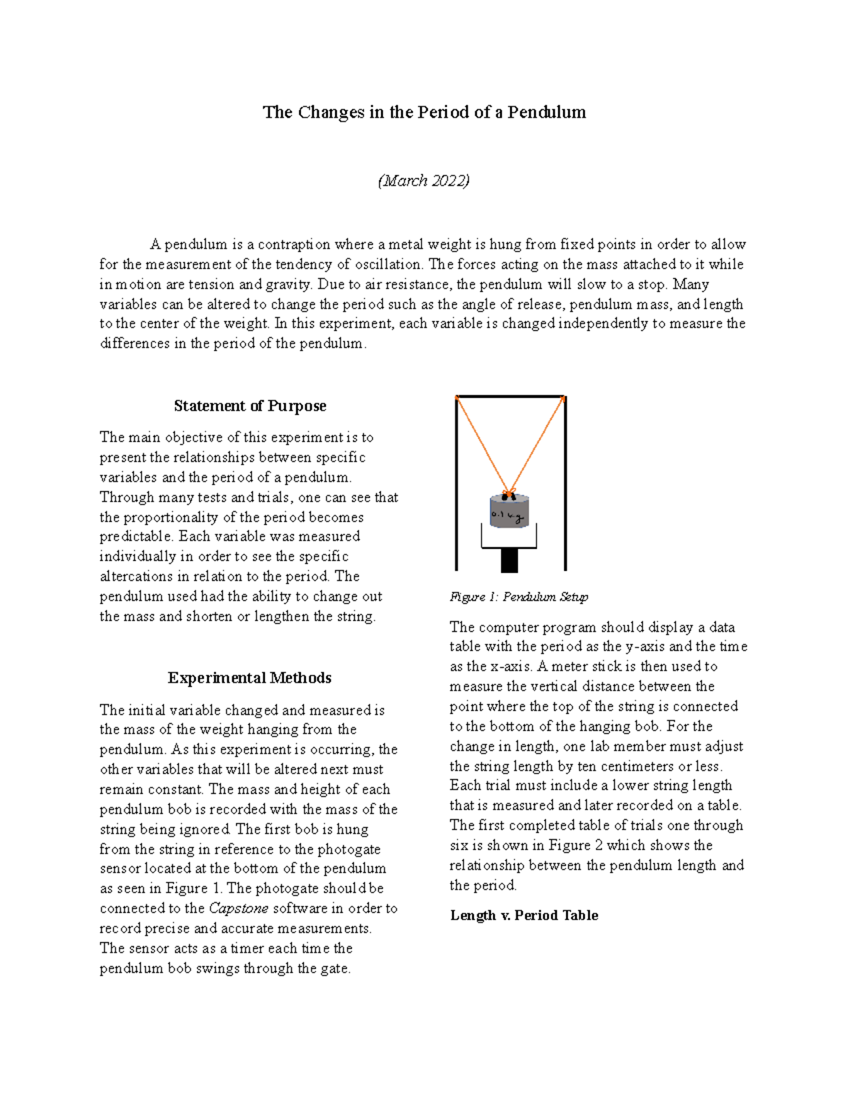 Pendulum Lab Summary - The Changes in the Period of a Pendulum (March ...