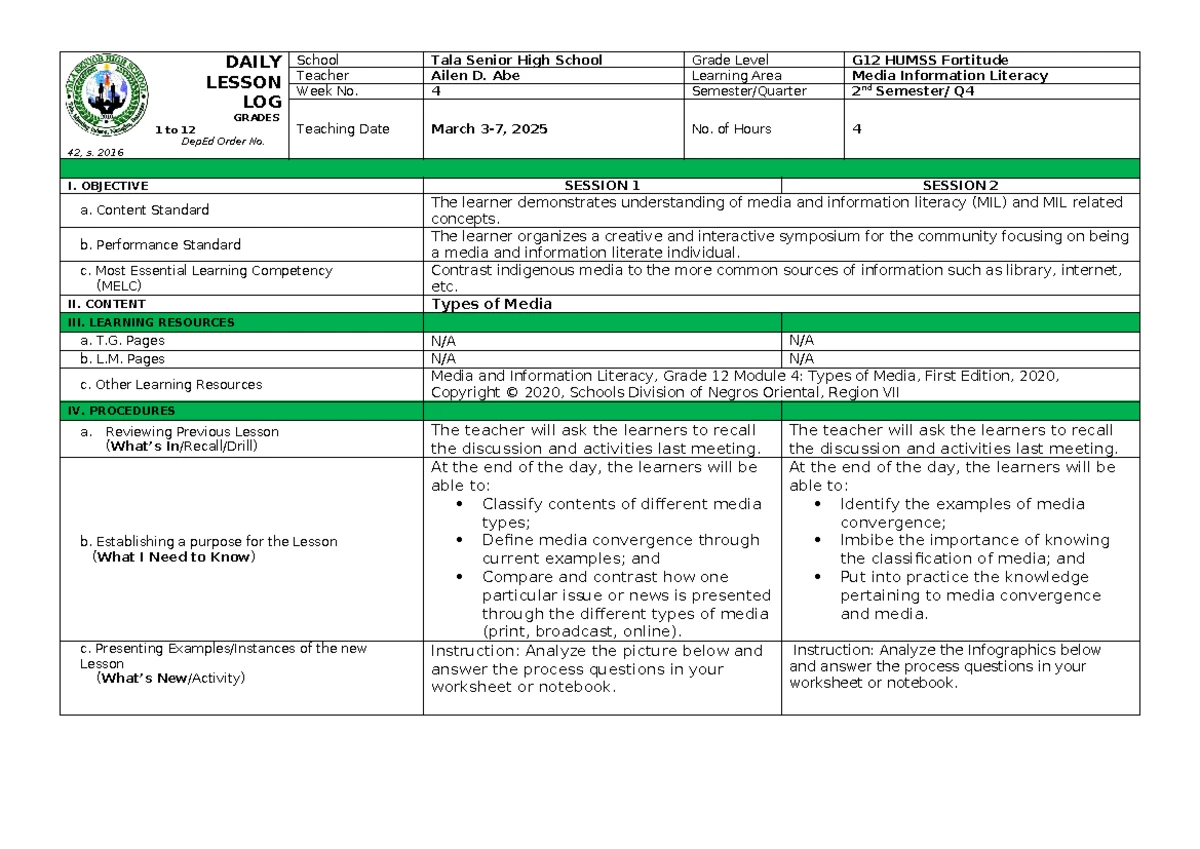 DLL-MIL-Q2-W2 - Daily Lesson Log for Media and Information Literacy ...