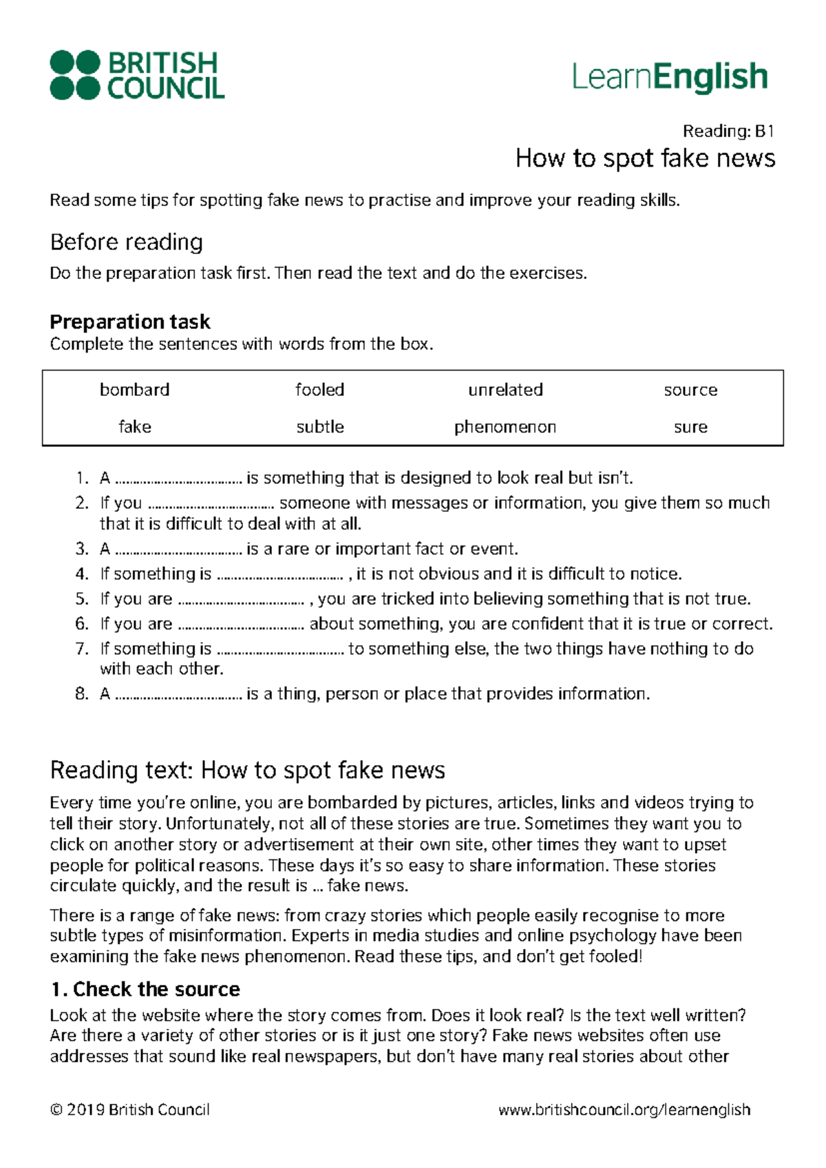Learn English Reading B1: Tips for Spotting Fake News - Studocu