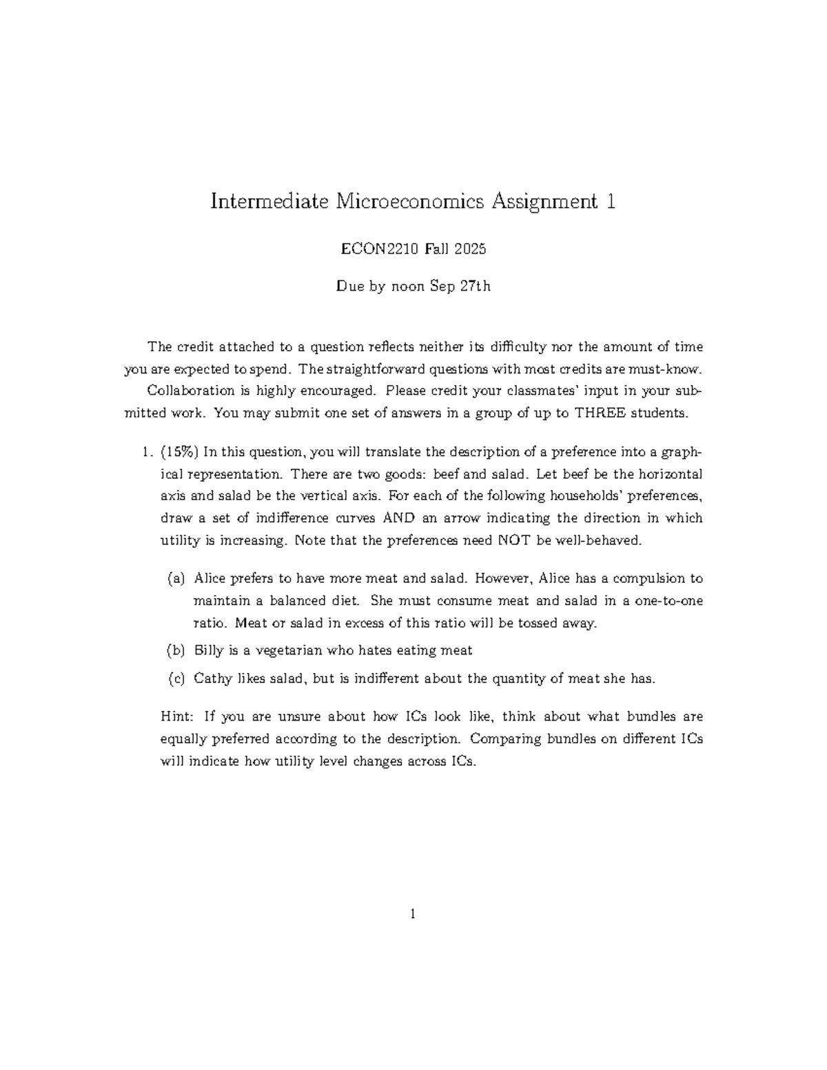 Econ2210 2025F Intermediate Microeconomics Assignment 1 - Studocu