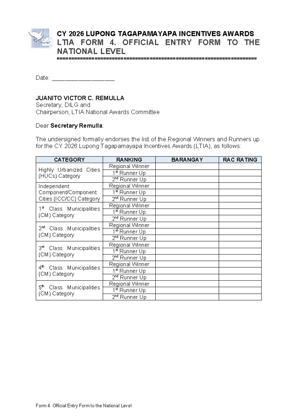 CY 2026 LTIA Form 4: Official Entry for National Awards - Studocu