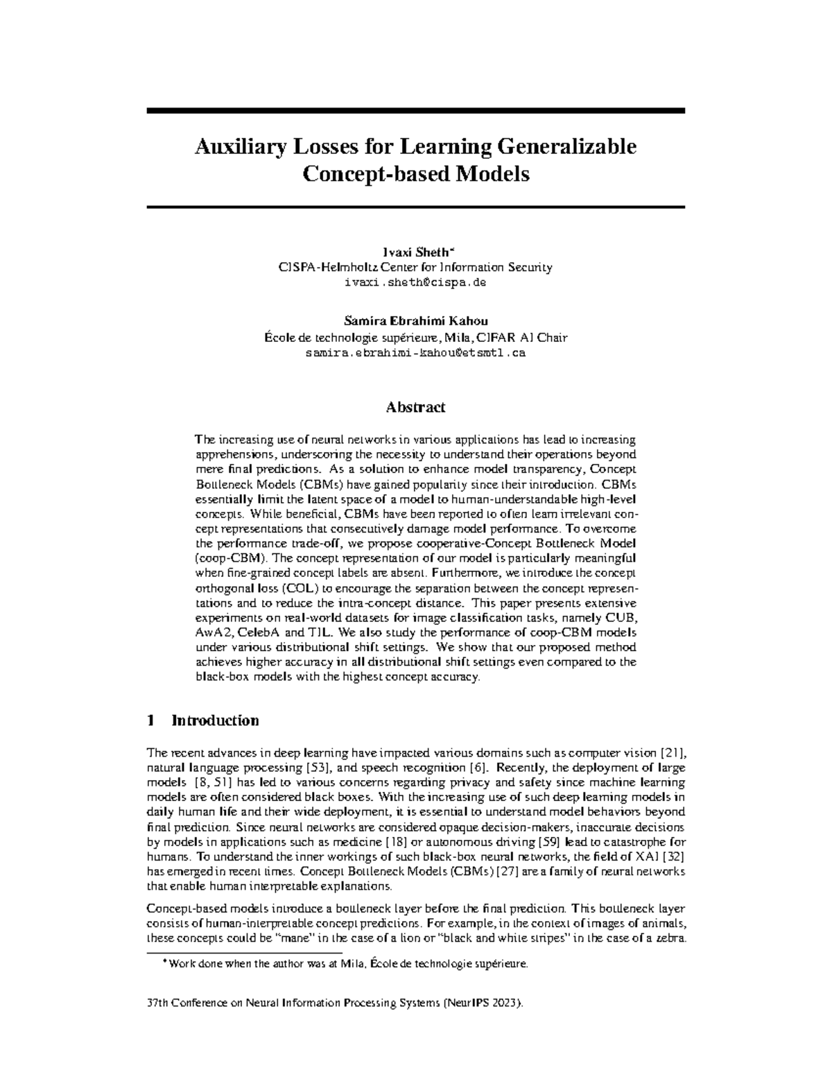 NeurIPS 2023: Auxiliary Losses for Generalizable Concept Models - Studocu