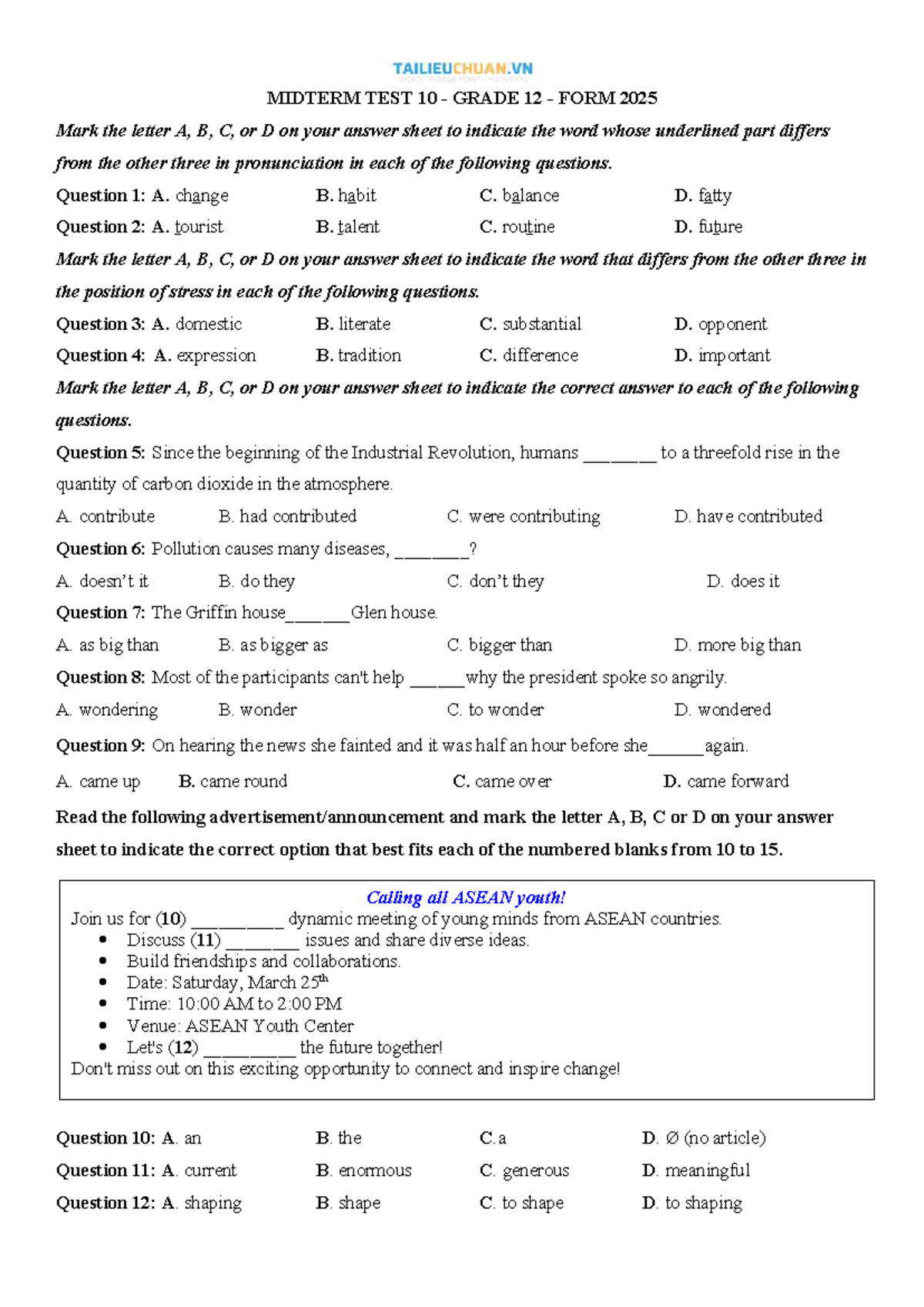 MIDTERM TEST 10 GRADE 12 FORM 2025: Pronunciation & Comprehension ...