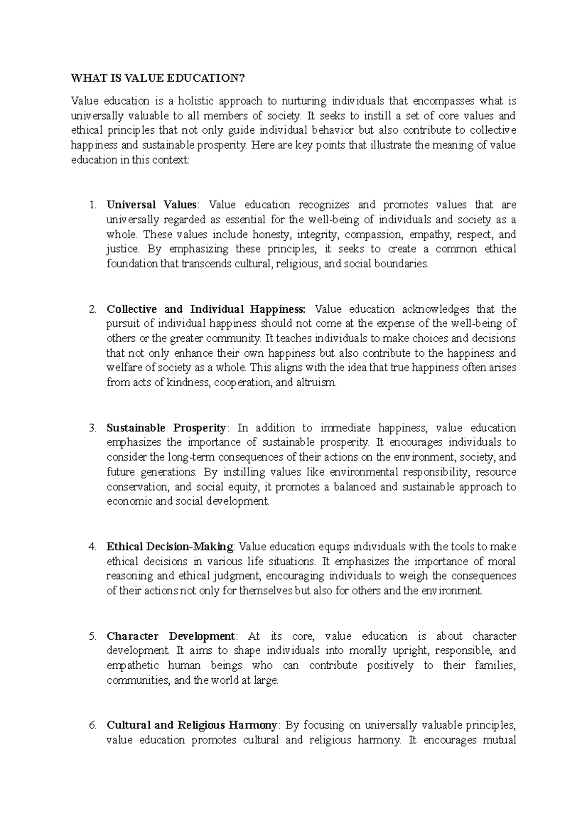 Chapter 1 WHAT IS Value Education - WHAT IS VALUE EDUCATION? Value ...