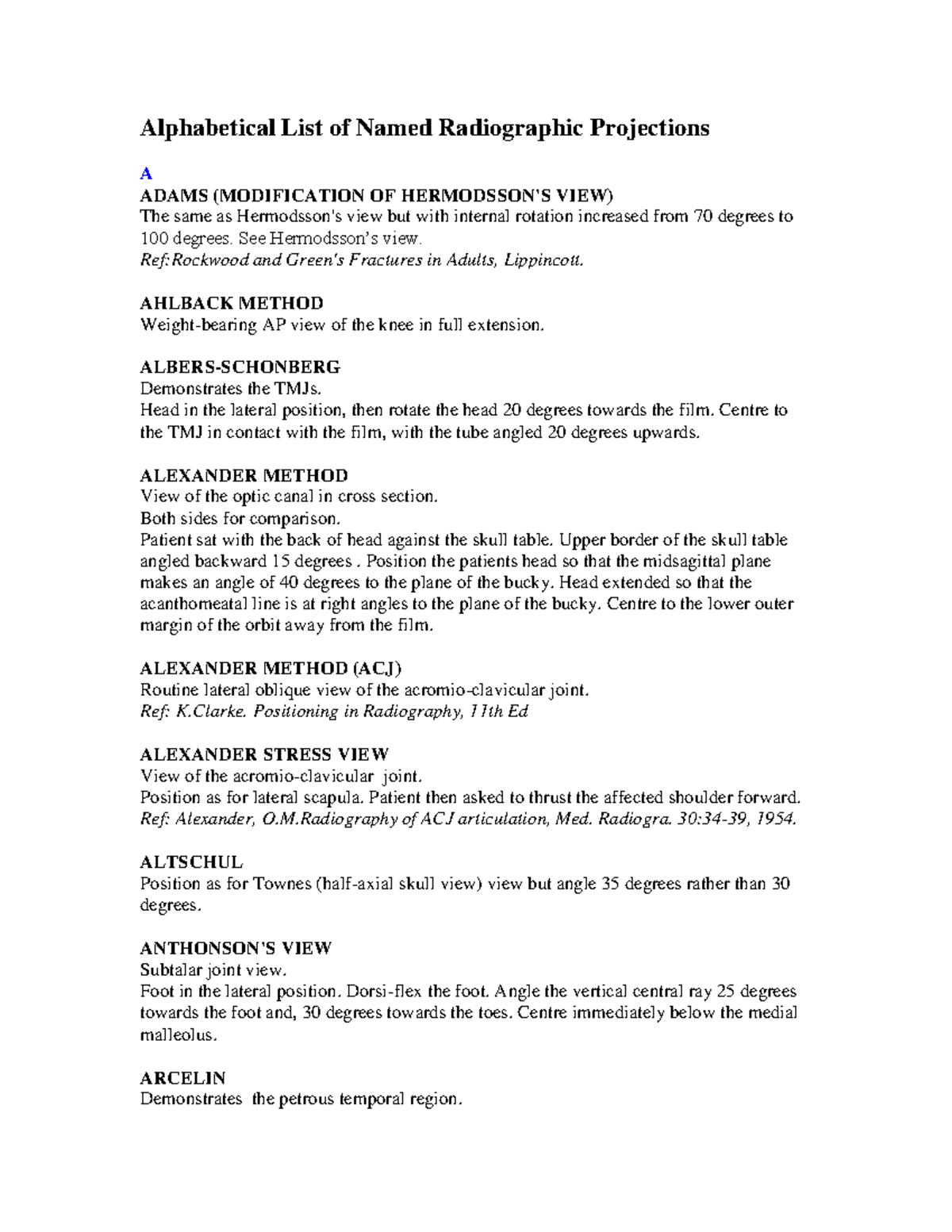 Alphabetical List of Named Radiographic Projections - Final Exam Guide ...