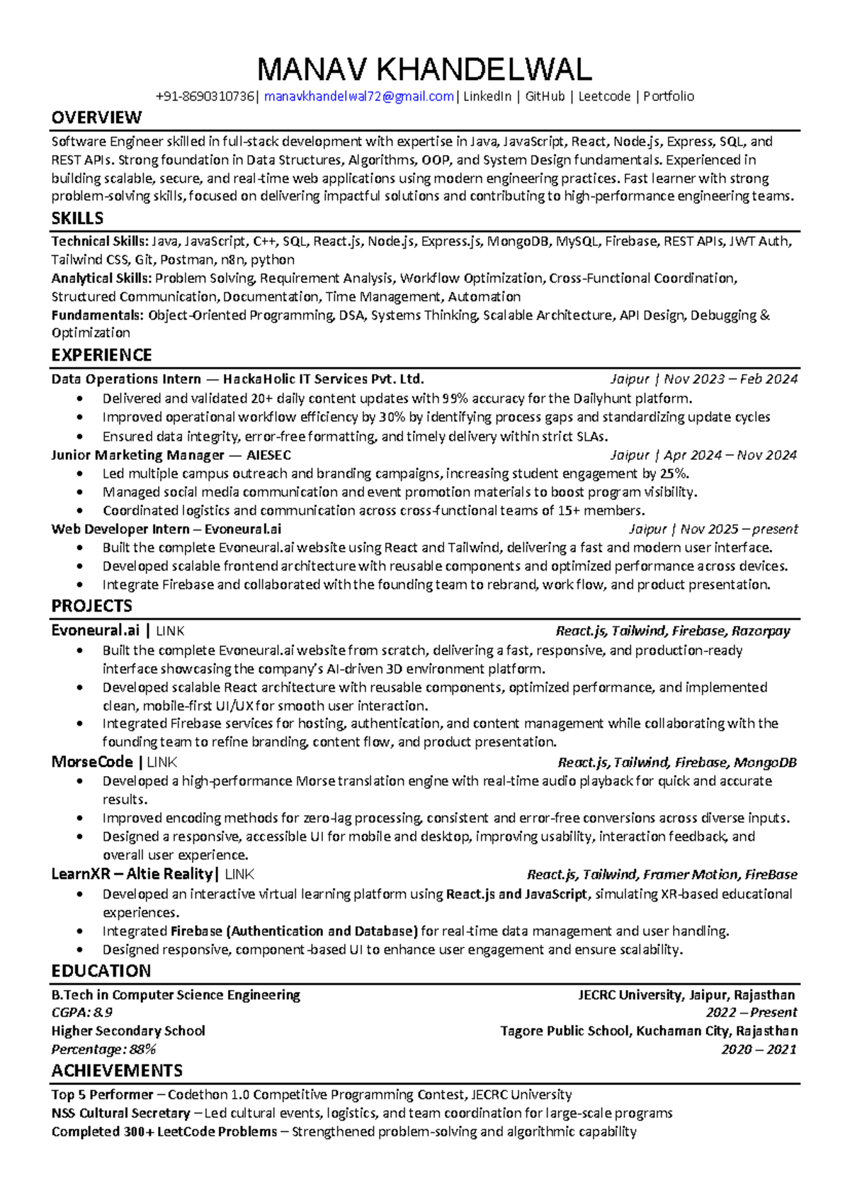 Manav Khandelwal's Software Engineer Portfolio Overview - Studocu