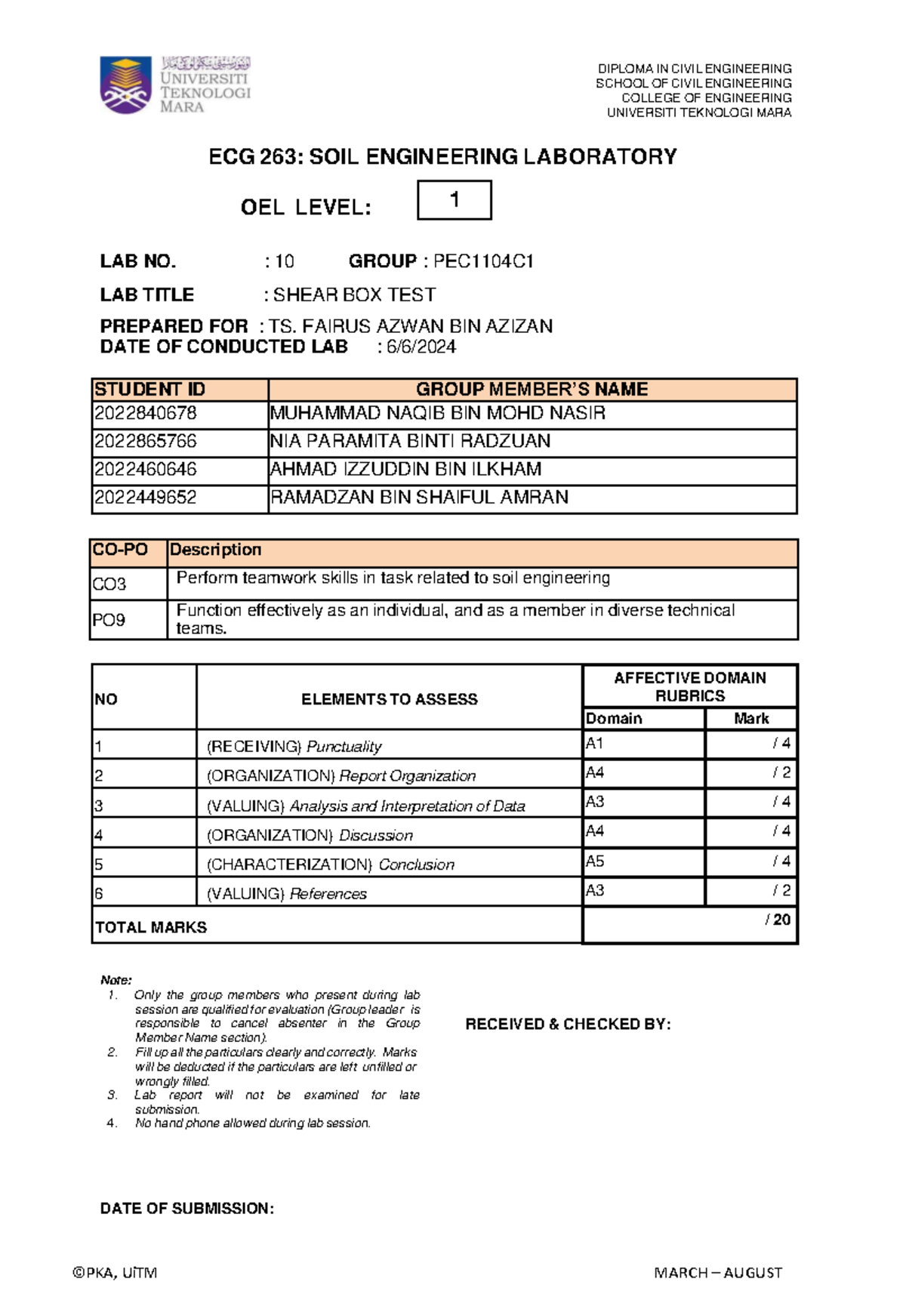 Shear Box Test Lab Report - ECG 263: Soil Engineering Laboratory - Studocu