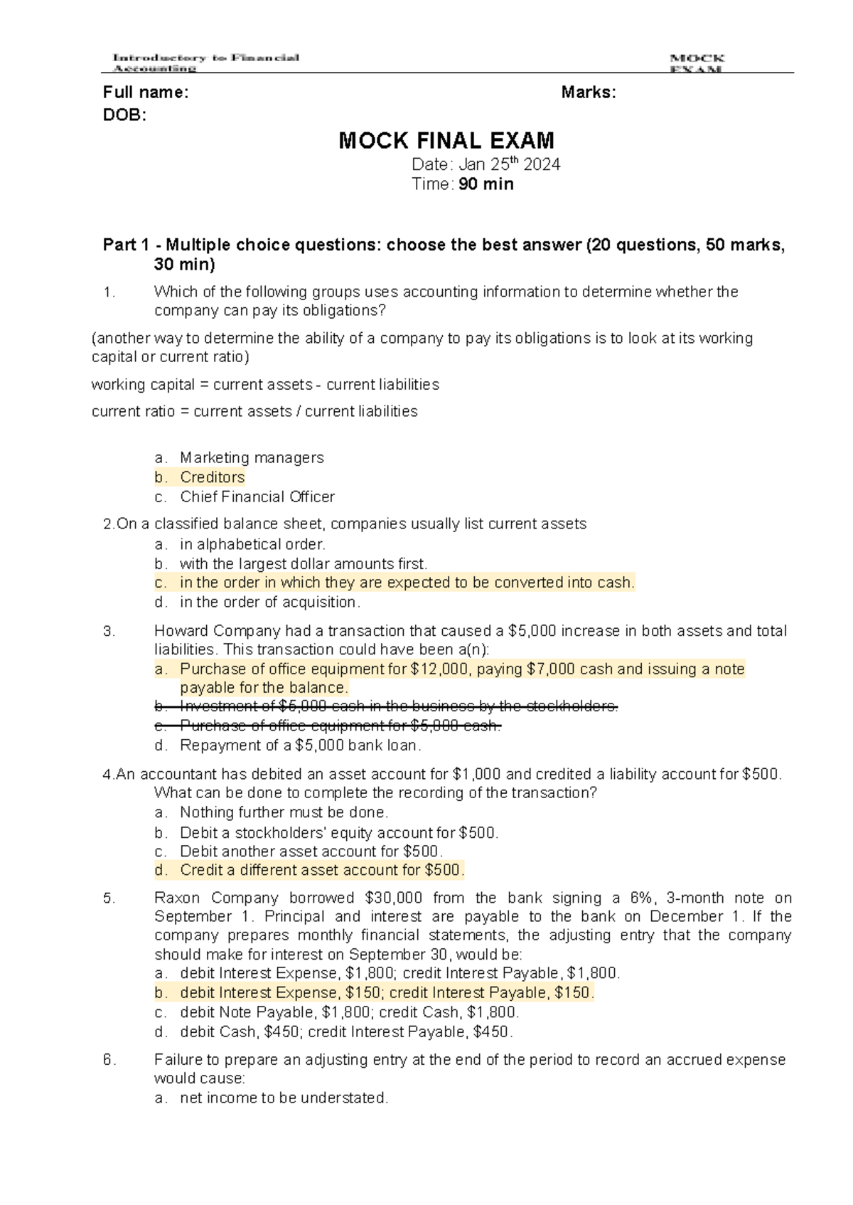 FA Mock Final Exam - Accounting Study Guide - Studocu