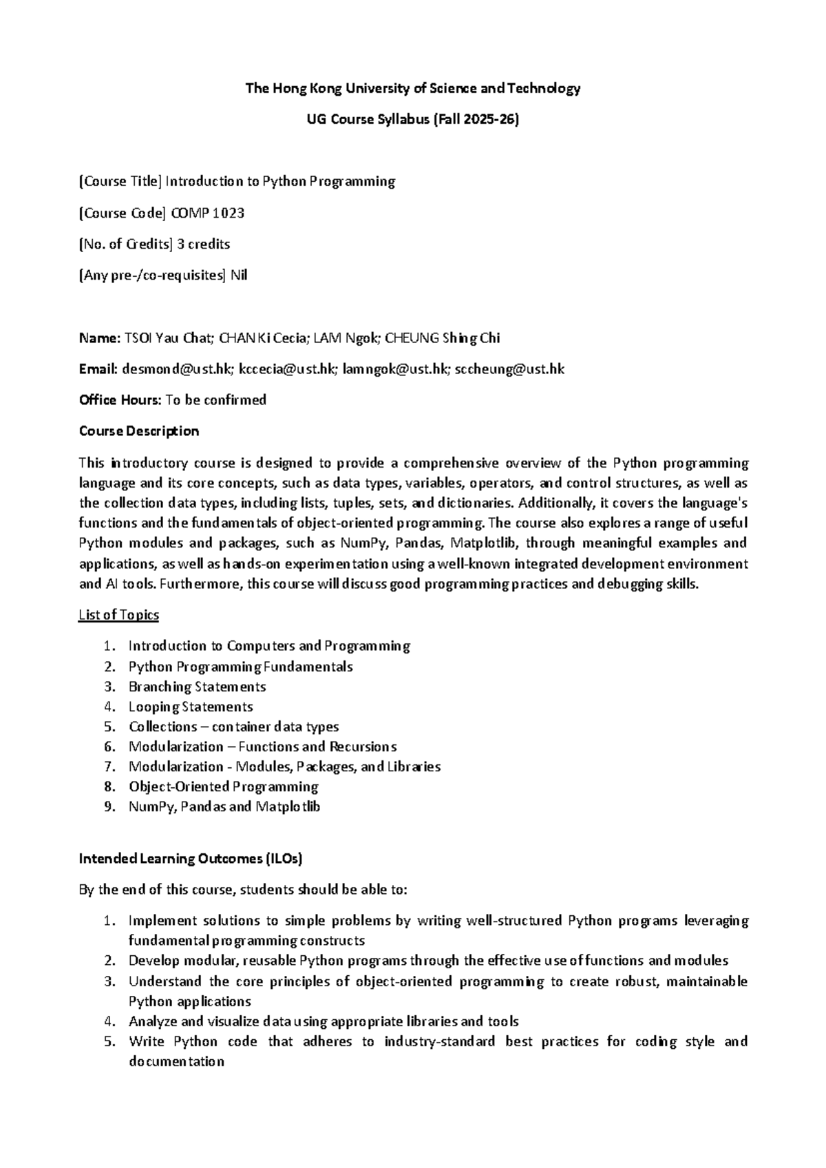 COMP 1023 Fall 2025-26: Intro to Python Programming Syllabus - Studocu