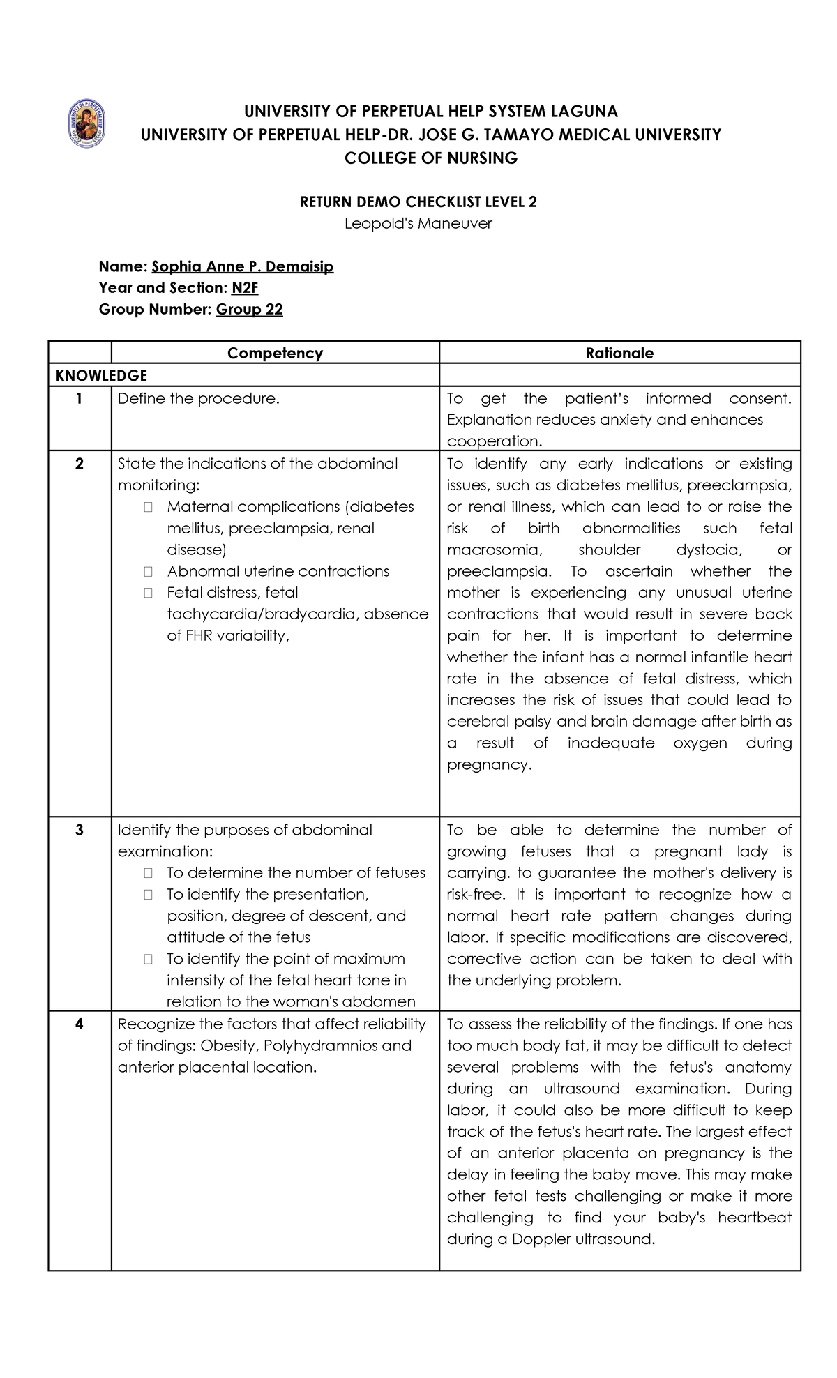 NURS 202 Return Demonstration Checklist: Leopold's Maneuver Techniques ...