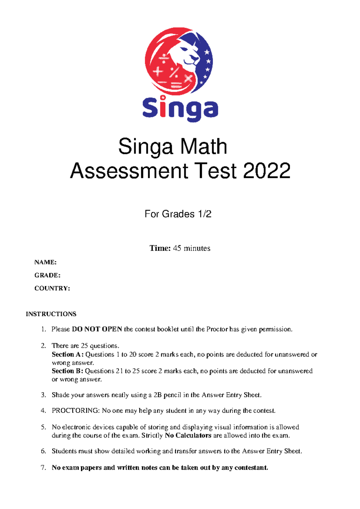 Singa Math SINGATEERS Assessment Test 2018 - Junior Division - Studocu
