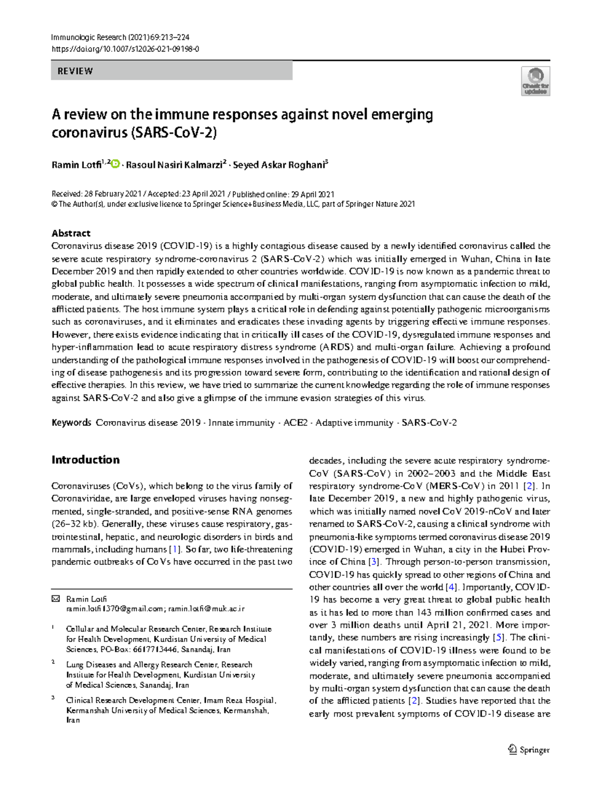 Seminar 2 Journal Article - Review on Immune Responses Against SARS-CoV ...