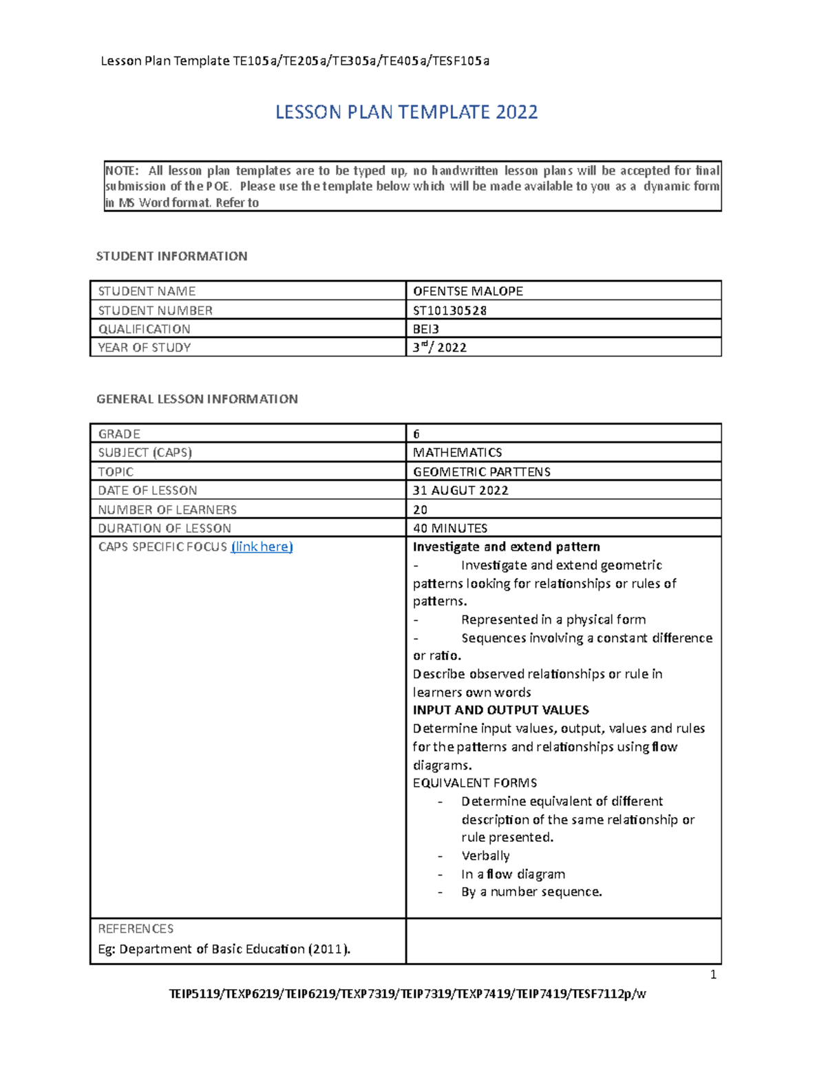 MATH 3rd Year Lesson Plan: Teaching Geometric Patterns in Grade 6 - Studocu