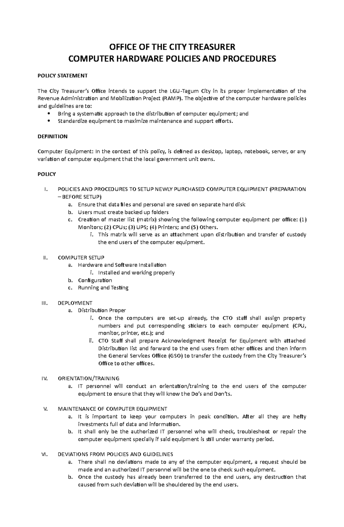 Computer Hardware Policies & Procedures for City Treasurer's Office ...