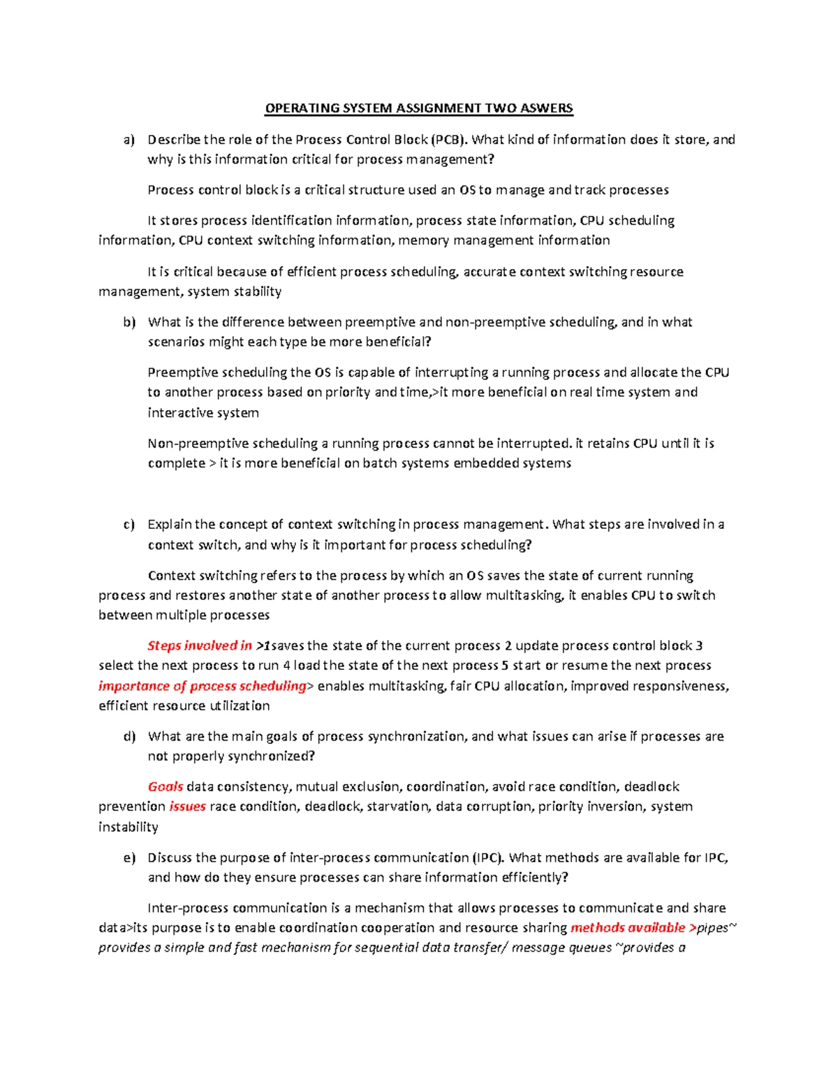 COMP101: Operating System Assignment 1 Answers and Explanations - Studocu