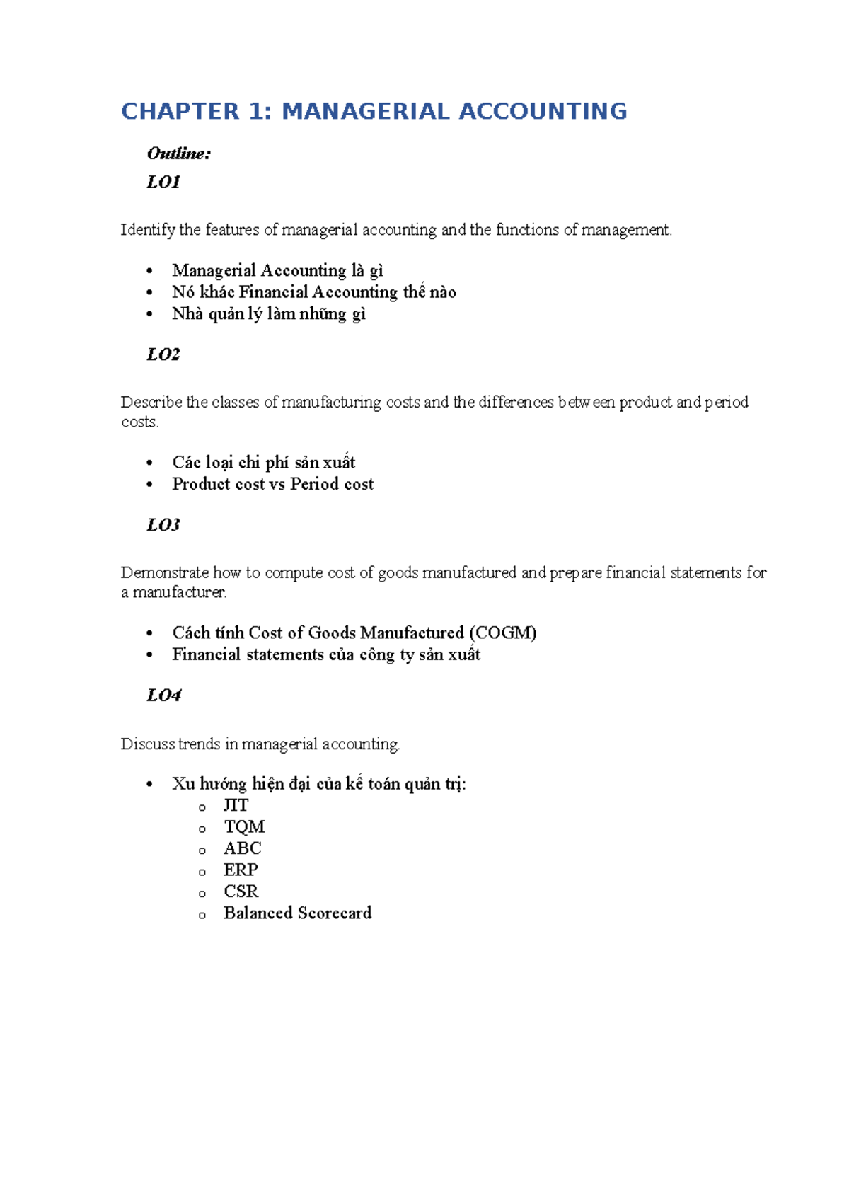 CHAPTER 1: MANAGERIAL ACCOUNTING (ACC) - Key Concepts & Costs - Studocu