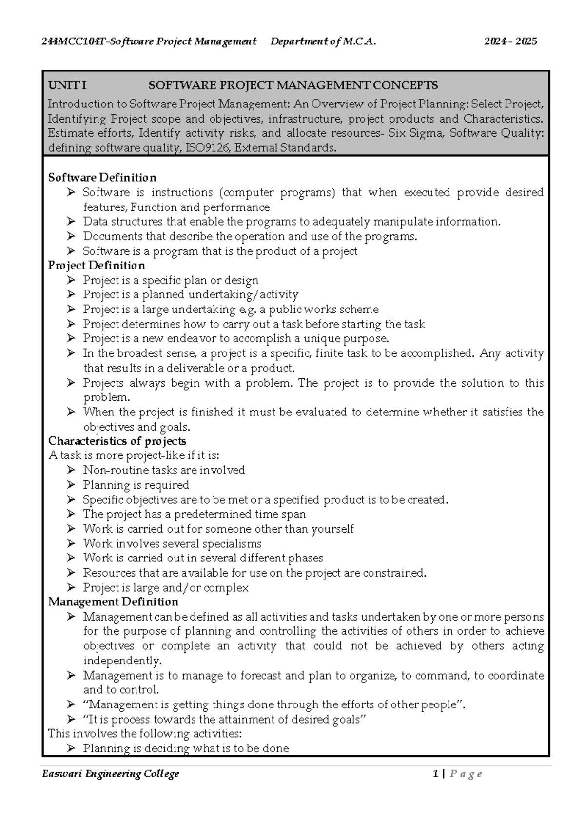 SPM Unit I Notes - UNIT I SOFTWARE PROJECT MANAGEMENT CONCEPTS ...
