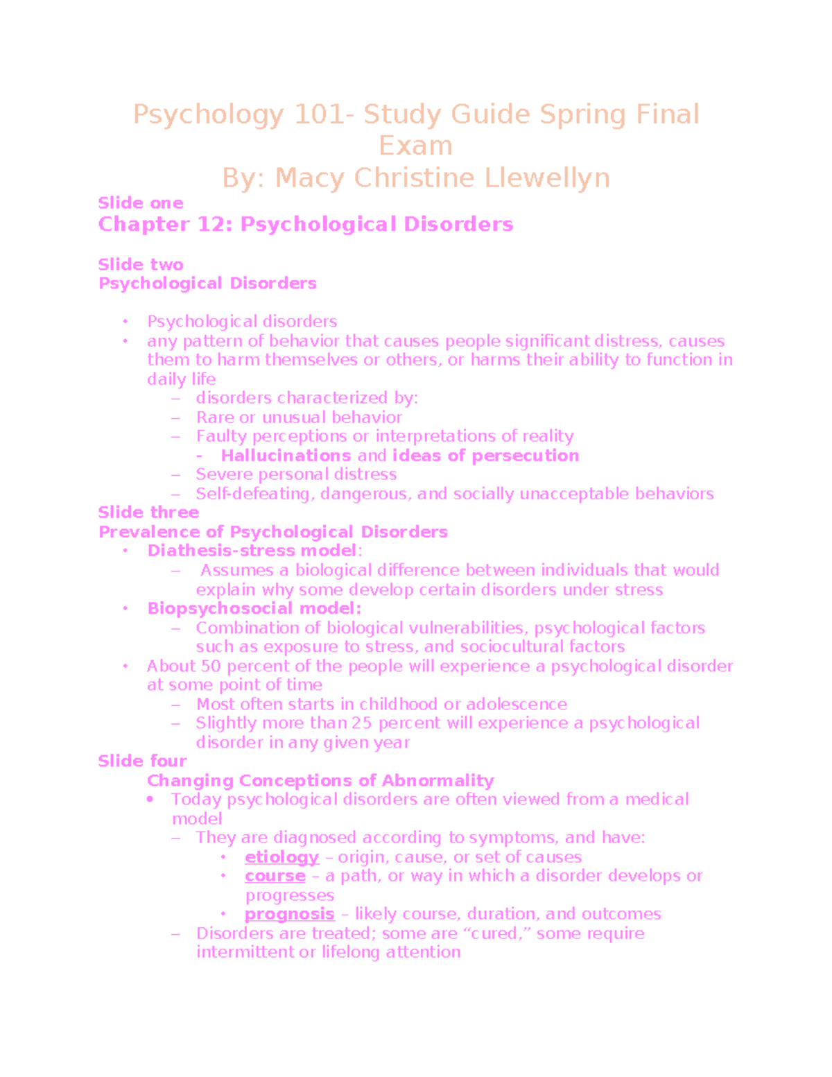Psychology 101 - Study Guide for Spring Final Exam on Disorders ...