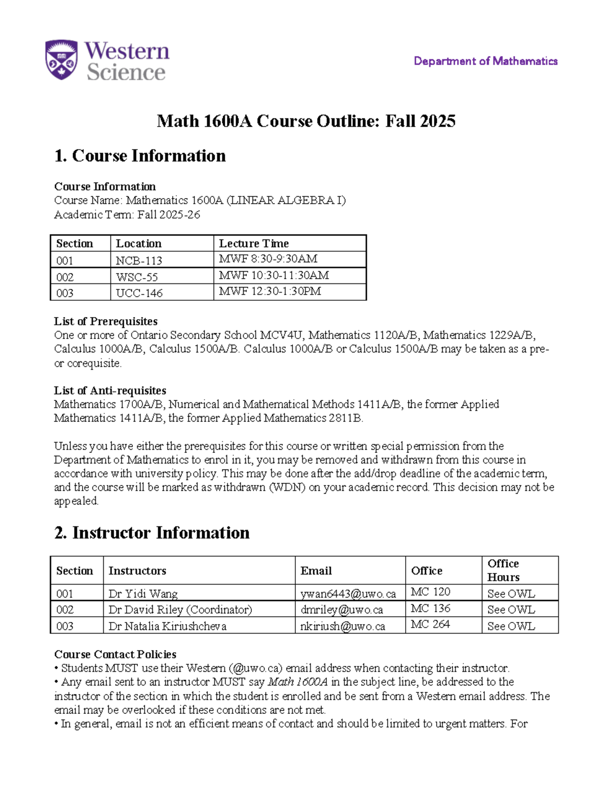 Math 1600A Linear Algebra I Course Outline - Fall 2025 - Studocu