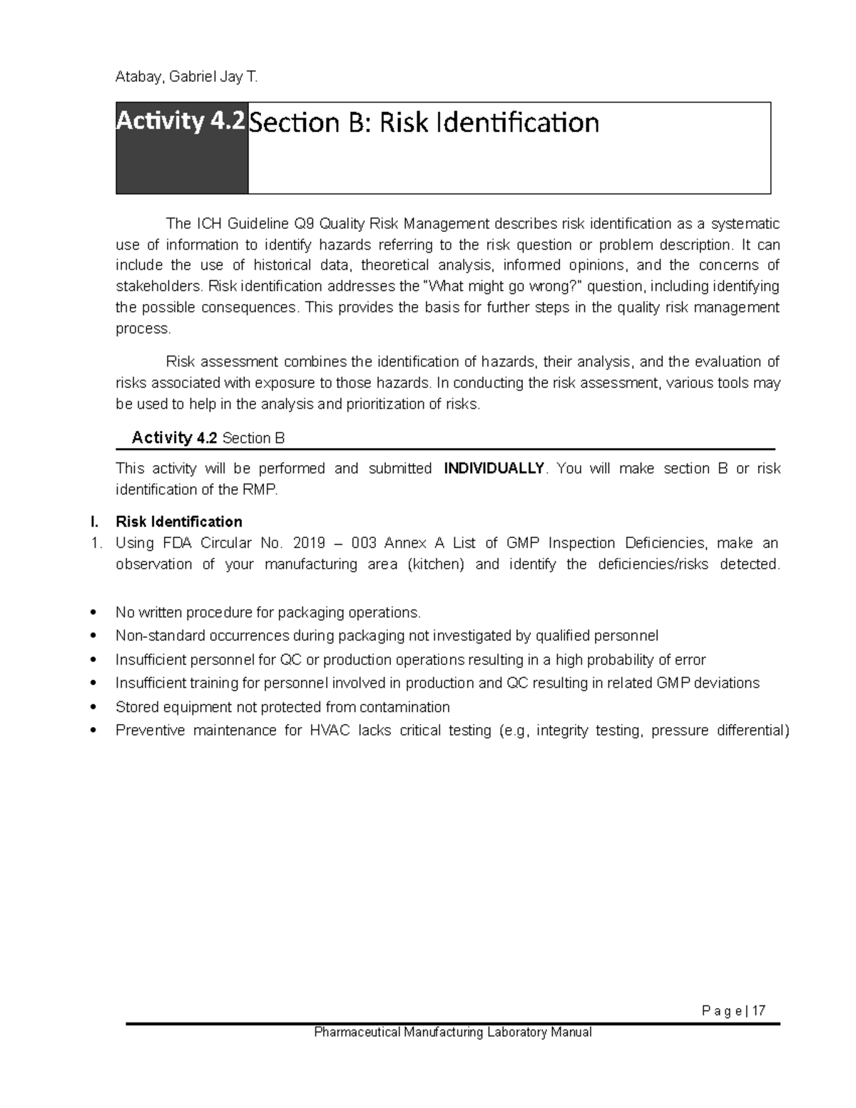 ICH Q9 Quality Risk Management: Activity 4.2 Risk Identification - Studocu
