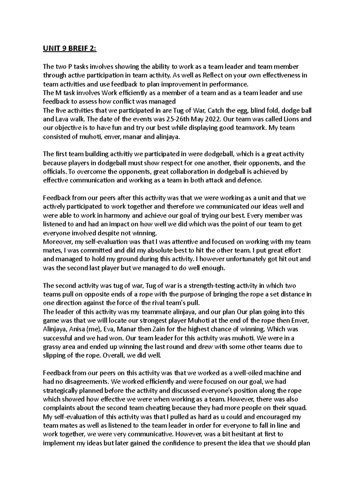 UNIT 9 Breif 2 - btec - UNIT 9 BREIF 2: The two P tasks involves ...