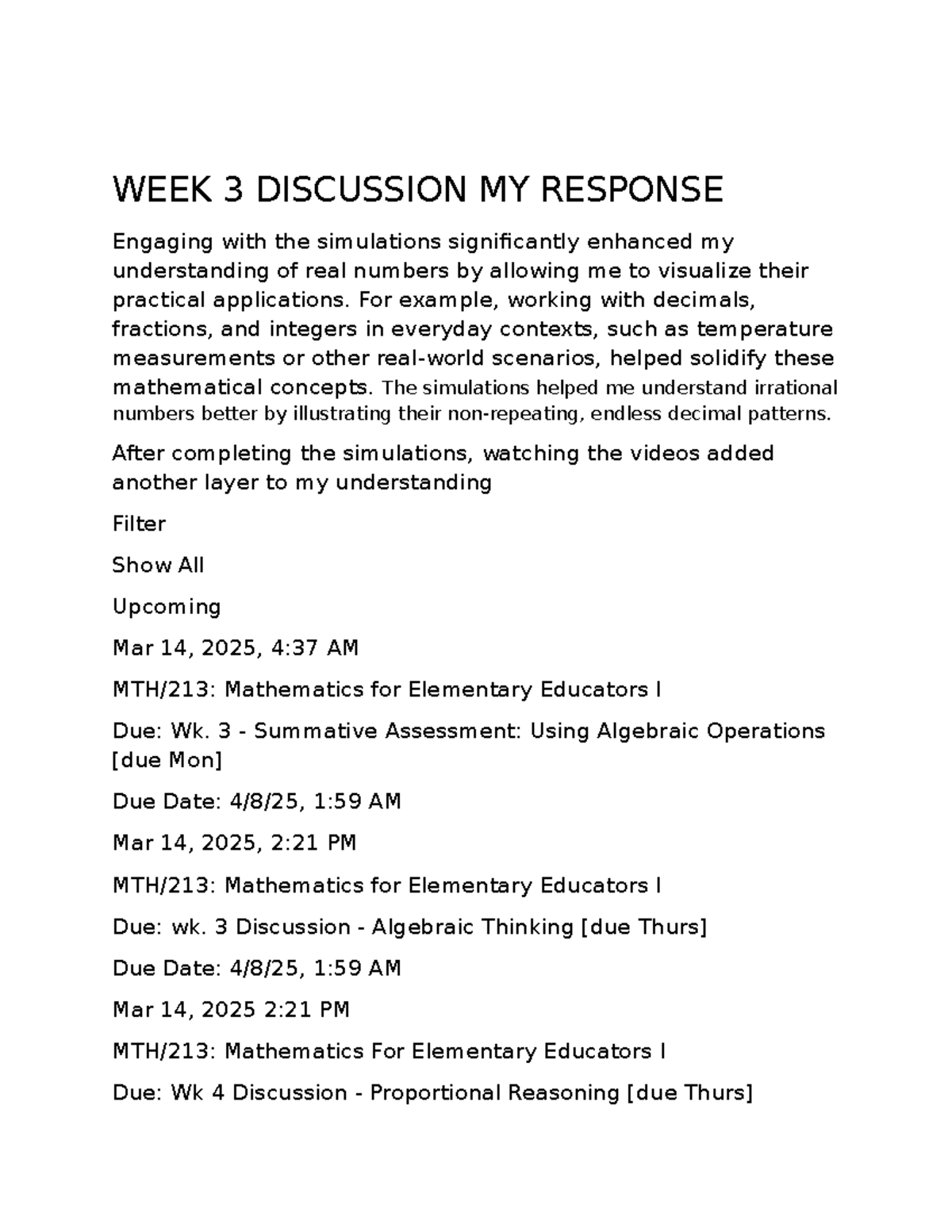 Wk 3 Discussion Response: Enhancing Understanding of Real Numbers - Studocu