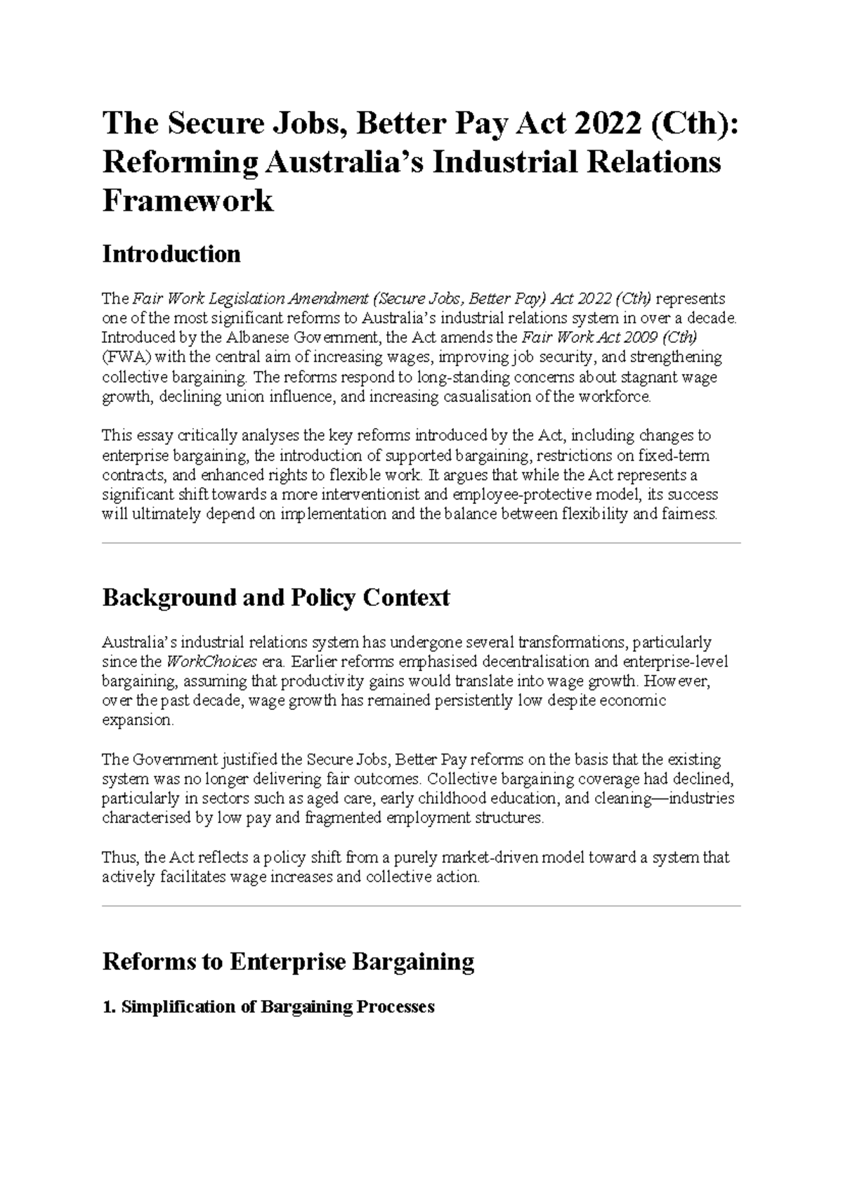 The Secure Jobs, Better Pay Act 2022 (Cth): An Essay Analysis - Studocu
