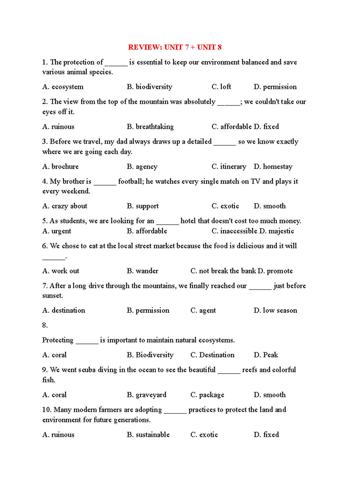 U78 - Review of Vocabulary for Units 7 & 8 - Studocu