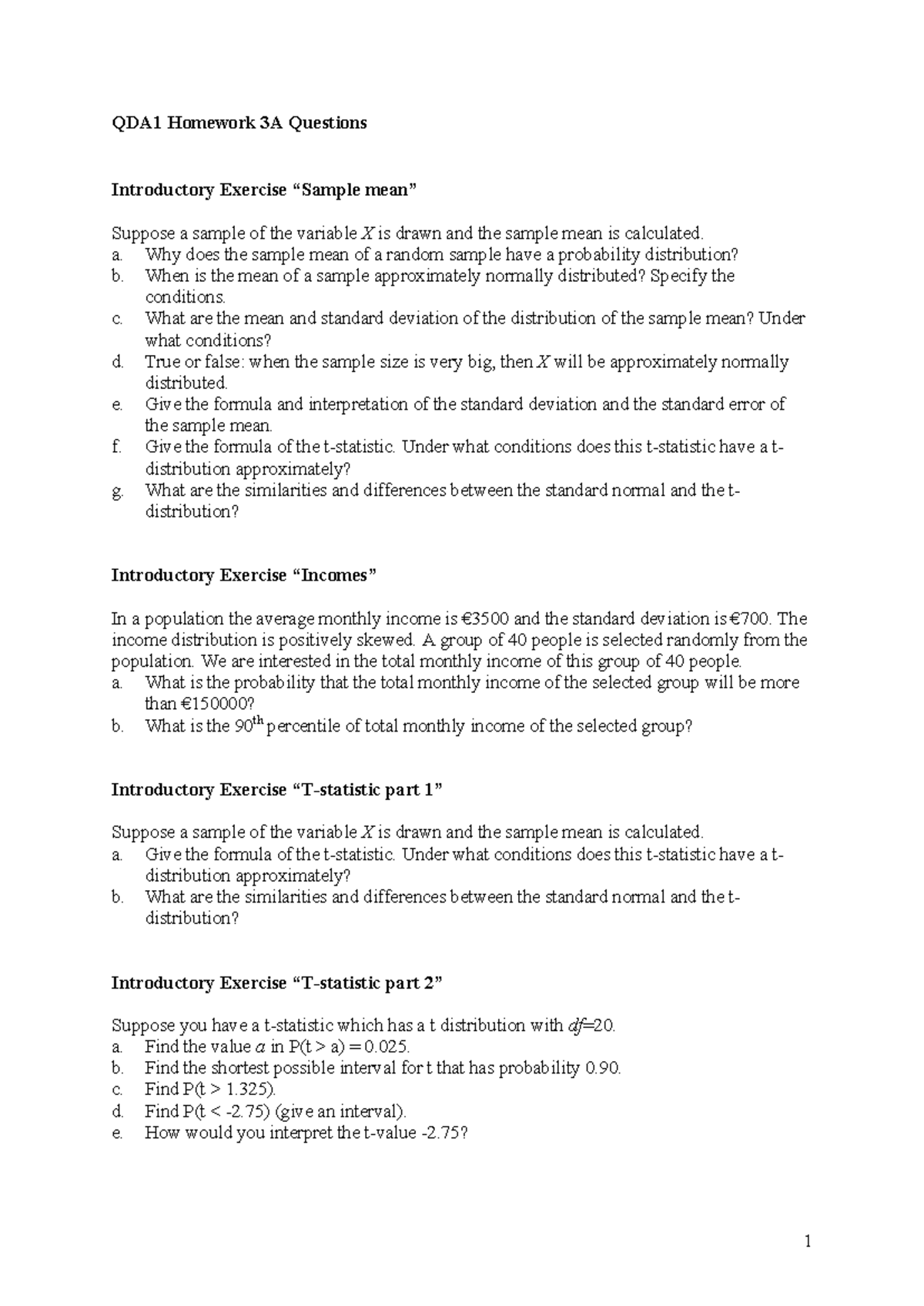 QDA1 Homework 3A: Statistical Concepts and Exercises - Studeersnel