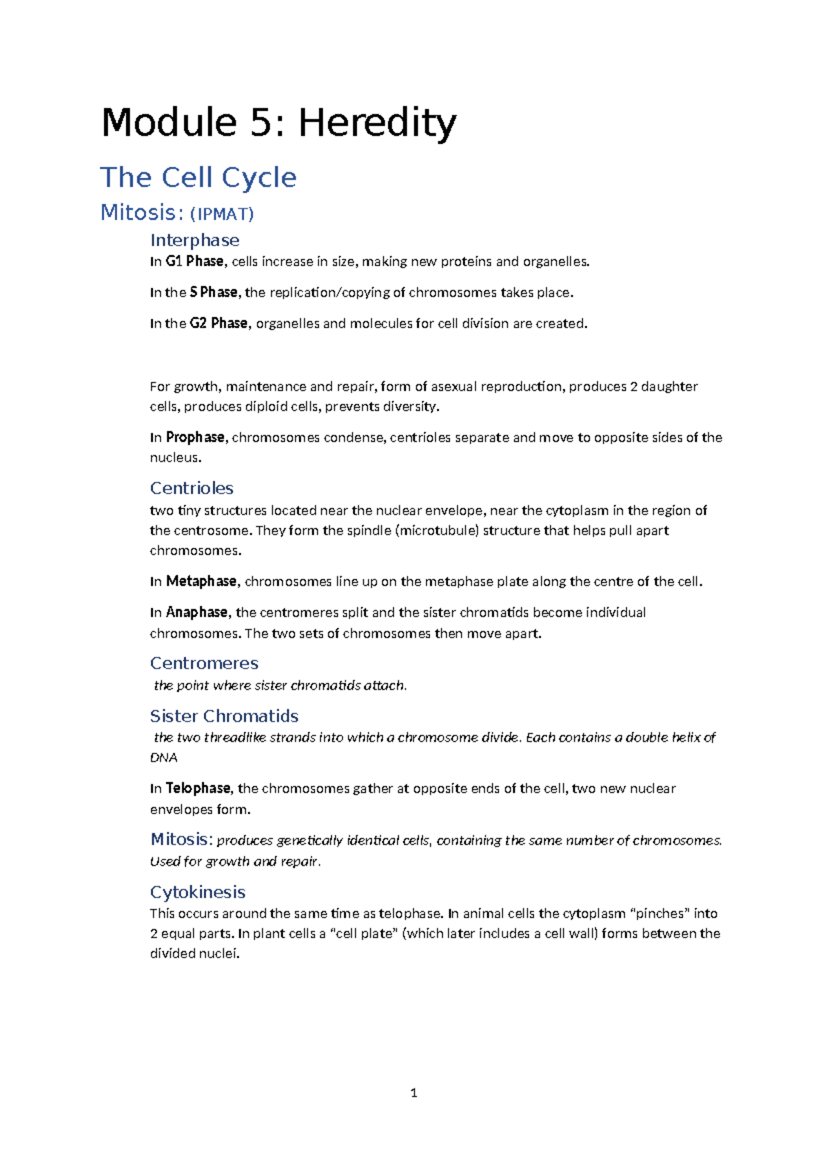 Mod 5: Heredity Summary - The Cell Cycle & Reproductive Processes - Studocu
