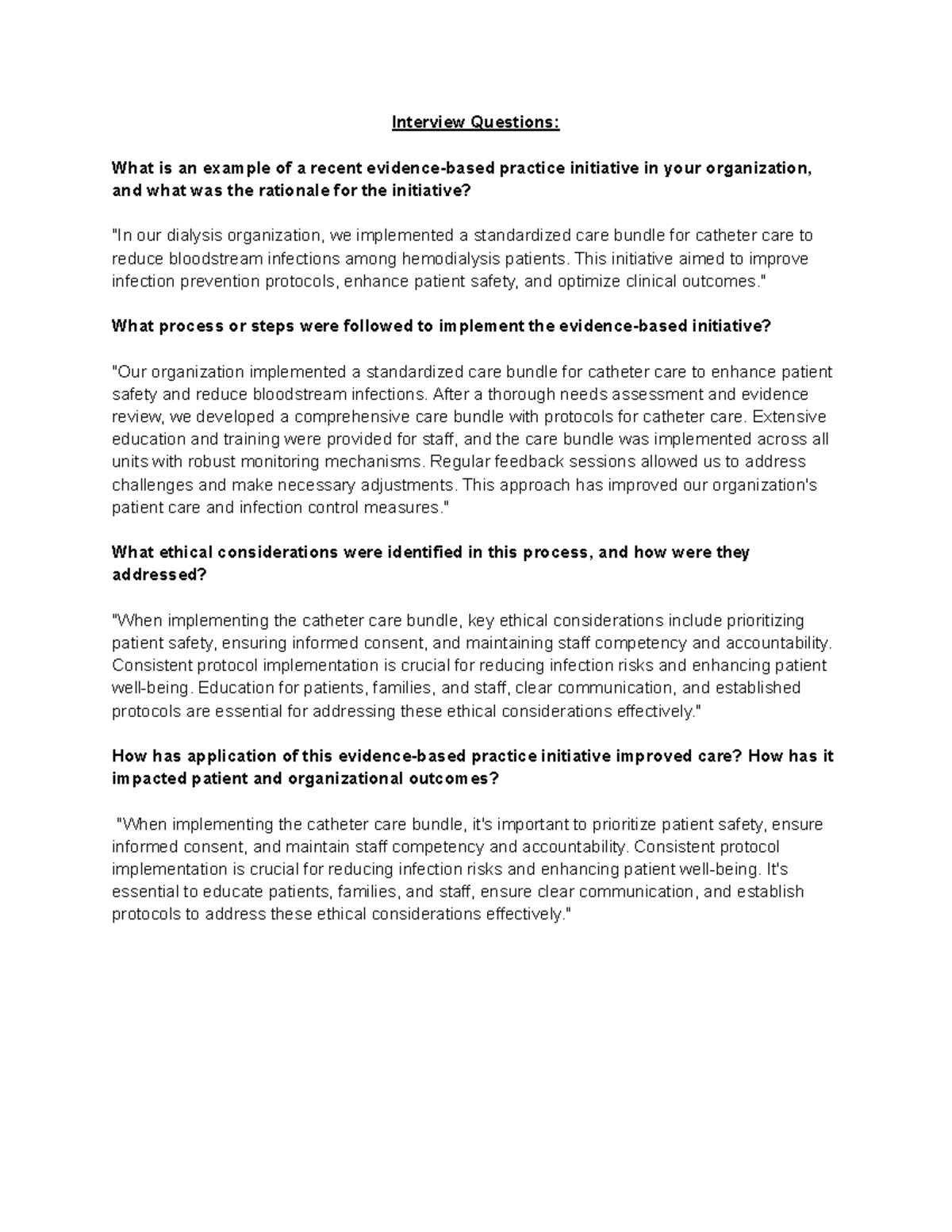 EBP in Action: Interview Questions on Catheter Care Initiative - Studocu