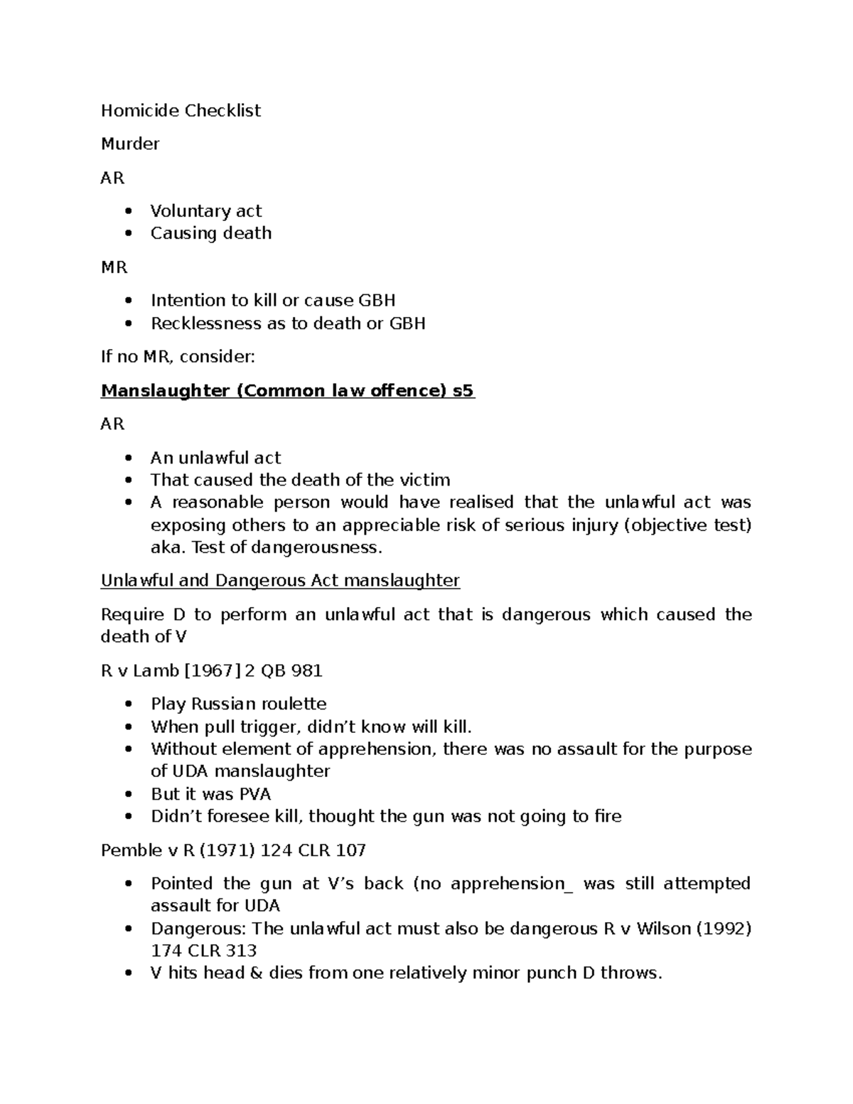 Manslaughter - Homicide Checklist Murder AR Voluntary act Causing death ...
