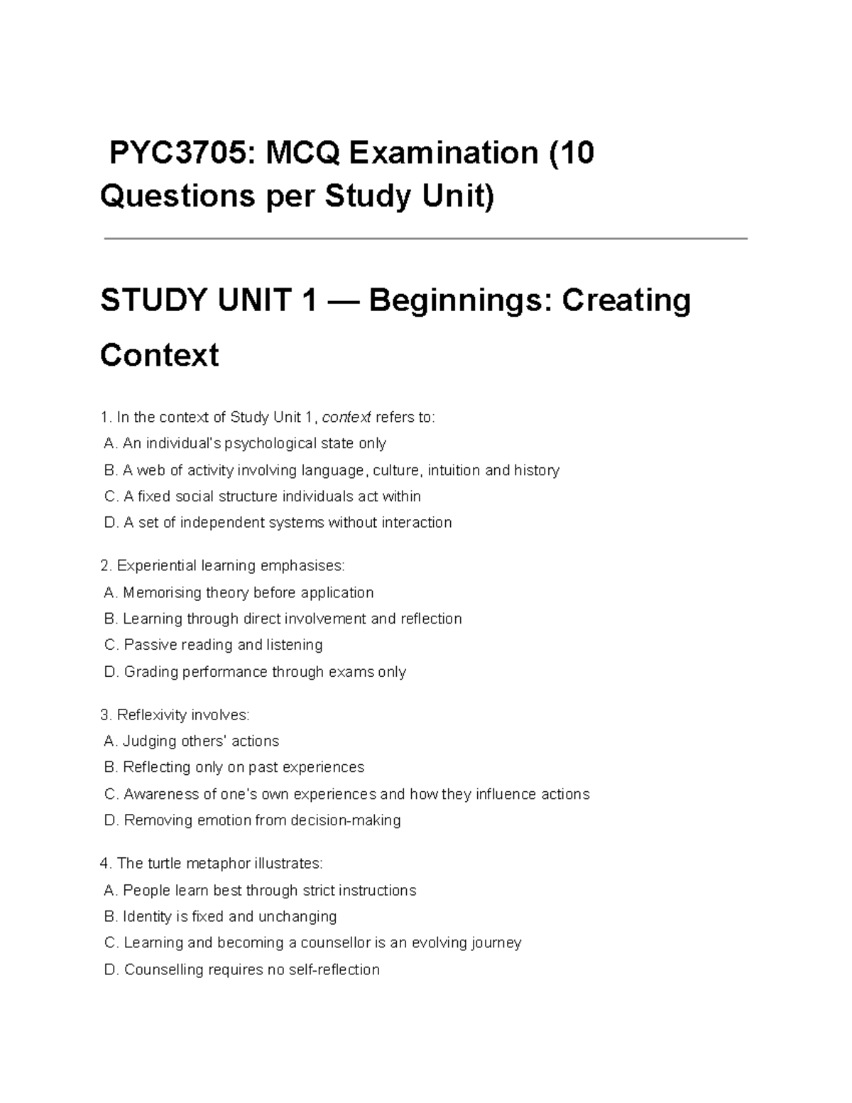 PYC3705: MCQ Exam Study Guide for Counselling Practice - Studocu