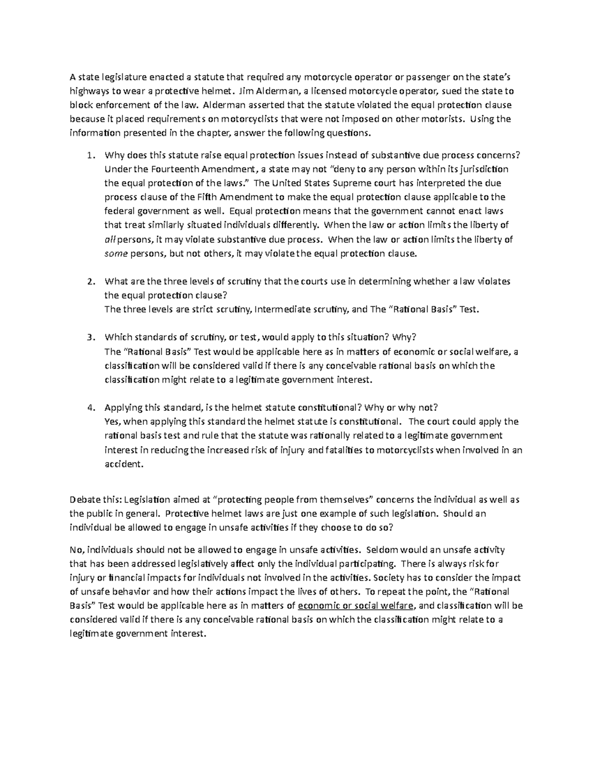 Legal Discussion 1 - Equal Protection & Helmet Statute Analysis - Studocu